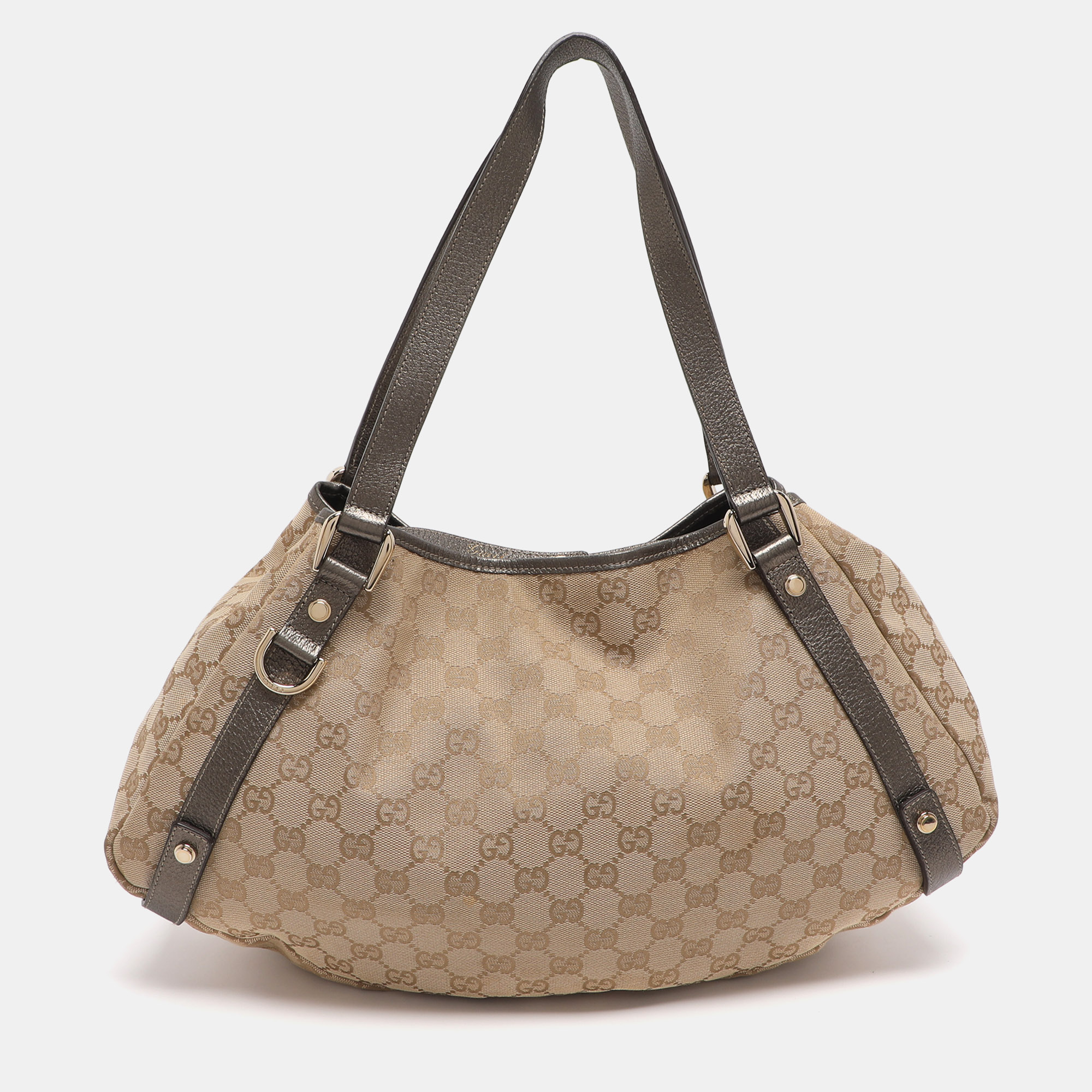 Pre-owned Gucci Abbey Medium Beige/metallic Gg Canvas And Leather Hobo In Sand