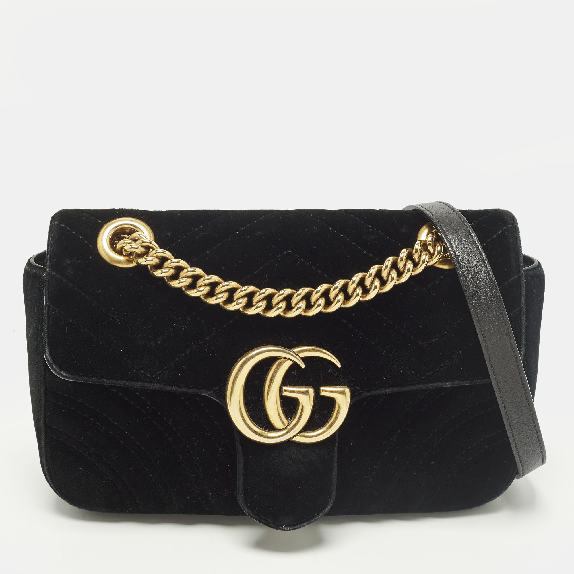 

Gucci GG Marmont Flap Mini Black Matelassé Velvet Shoulder Bag