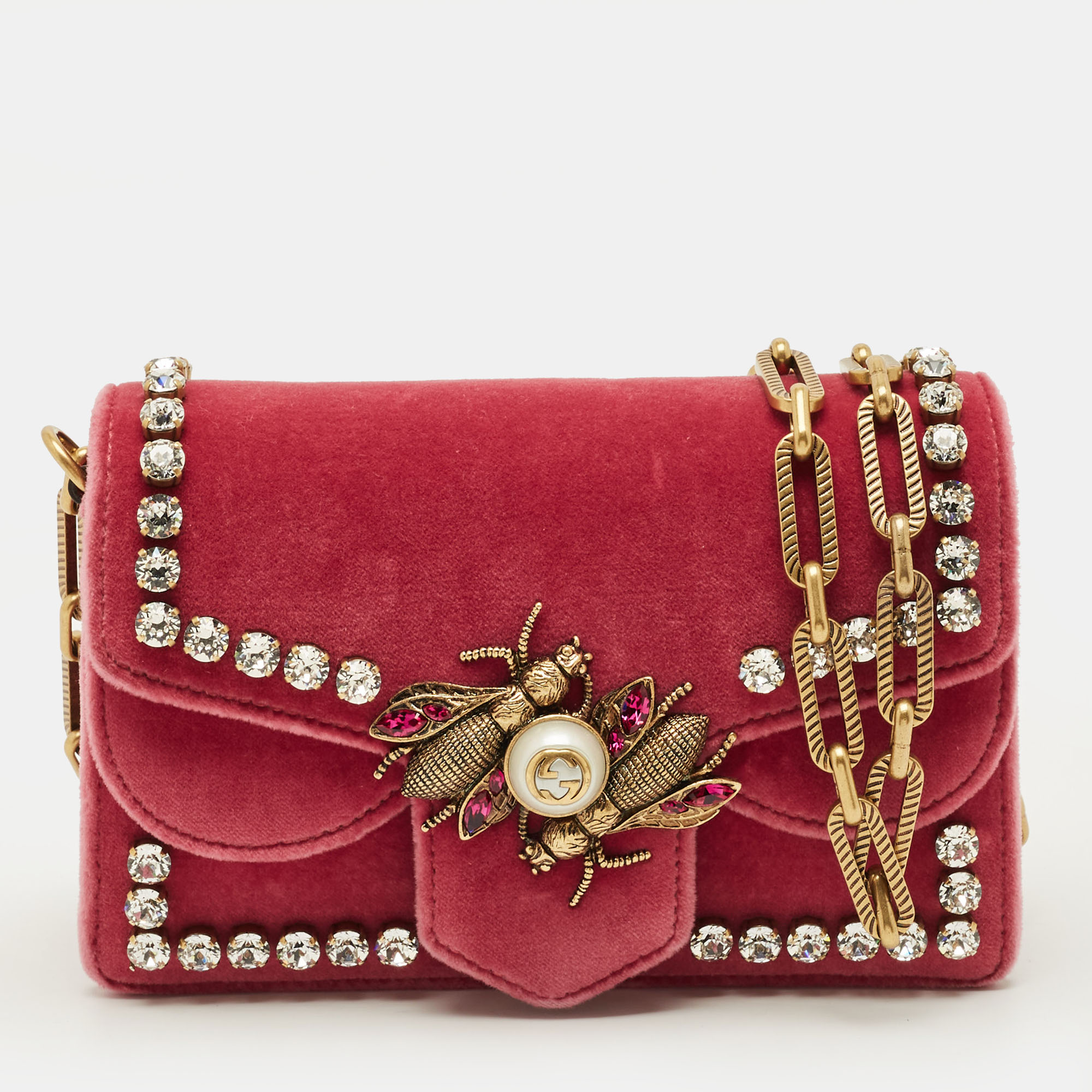 

Gucci Pearly Bee Crystal Embellished Broadway Mini Pink Velvet Shoulder Bag