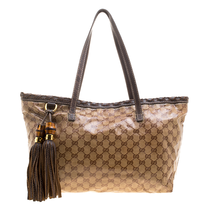 Pre Owned حقيبة غوتشي كانفاس GG بيج كريستال بامبو بشراشيب