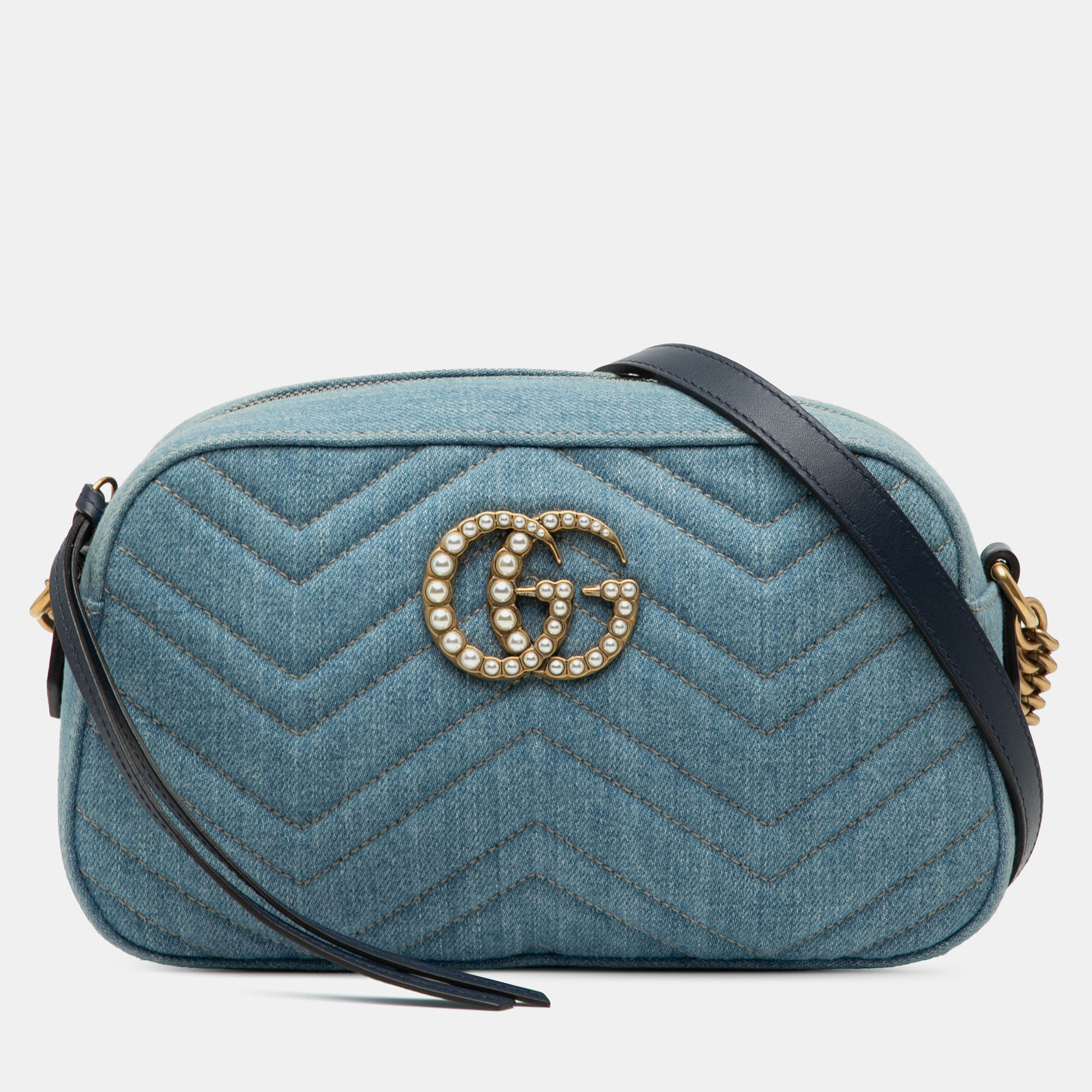 Pre-owned Gucci Blue Small Gg Marmont Matelasse Denim Pearly Crossbody