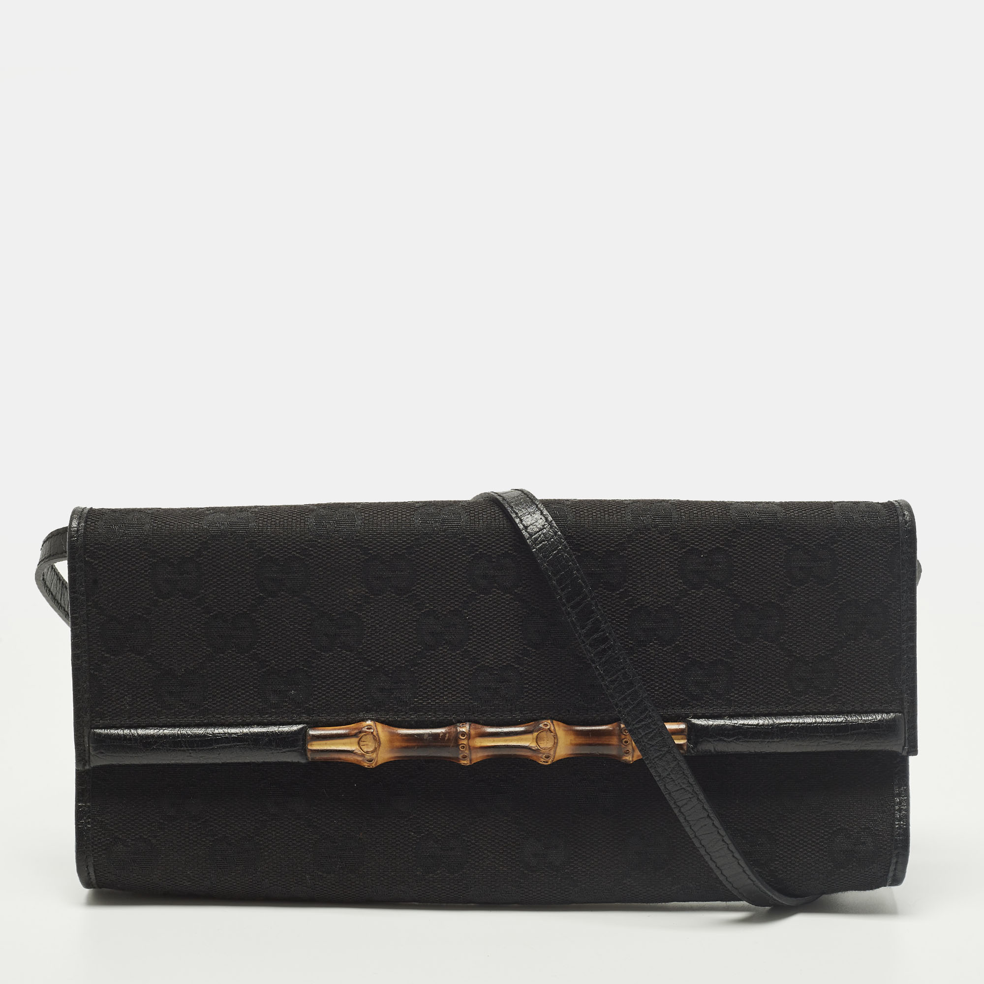 Pre-owned Gucci Bamboo Black Gg Canvas And Leather Clutch Bag