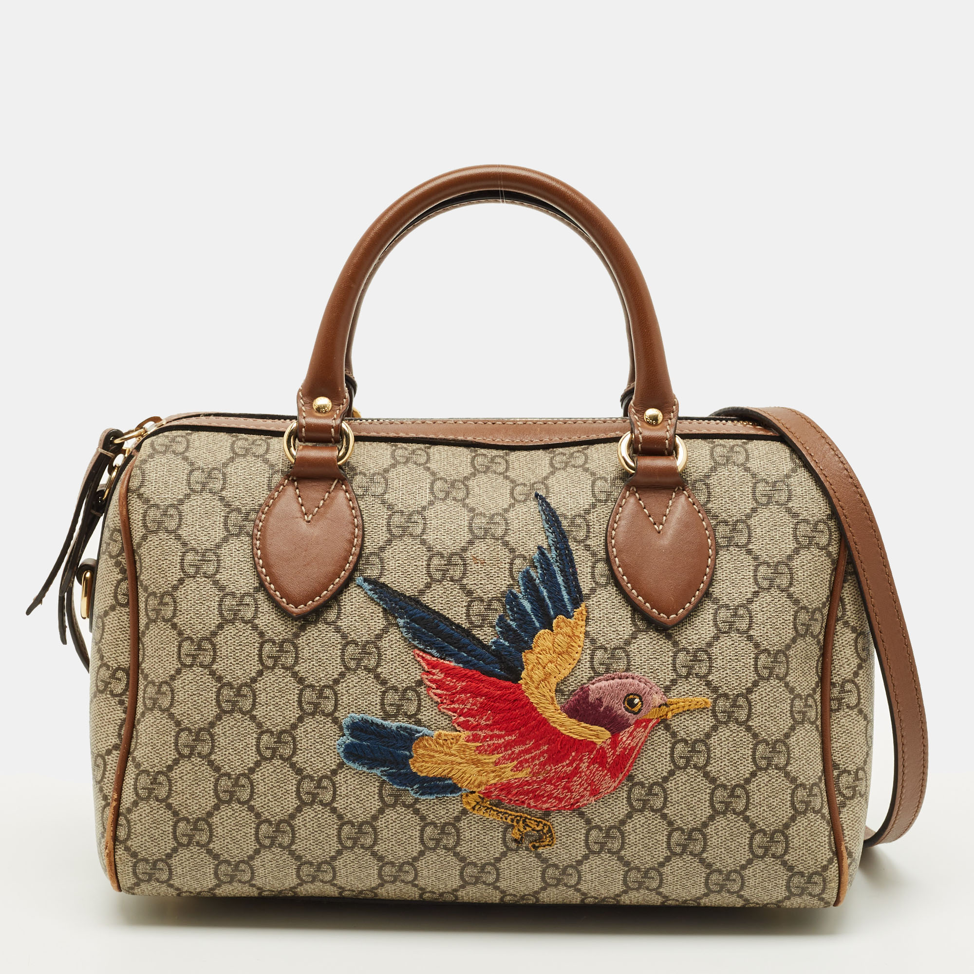 

Gucci Limited Edition Bird Embroidered Beige/Brown GG Supreme Canvas Boston Bag