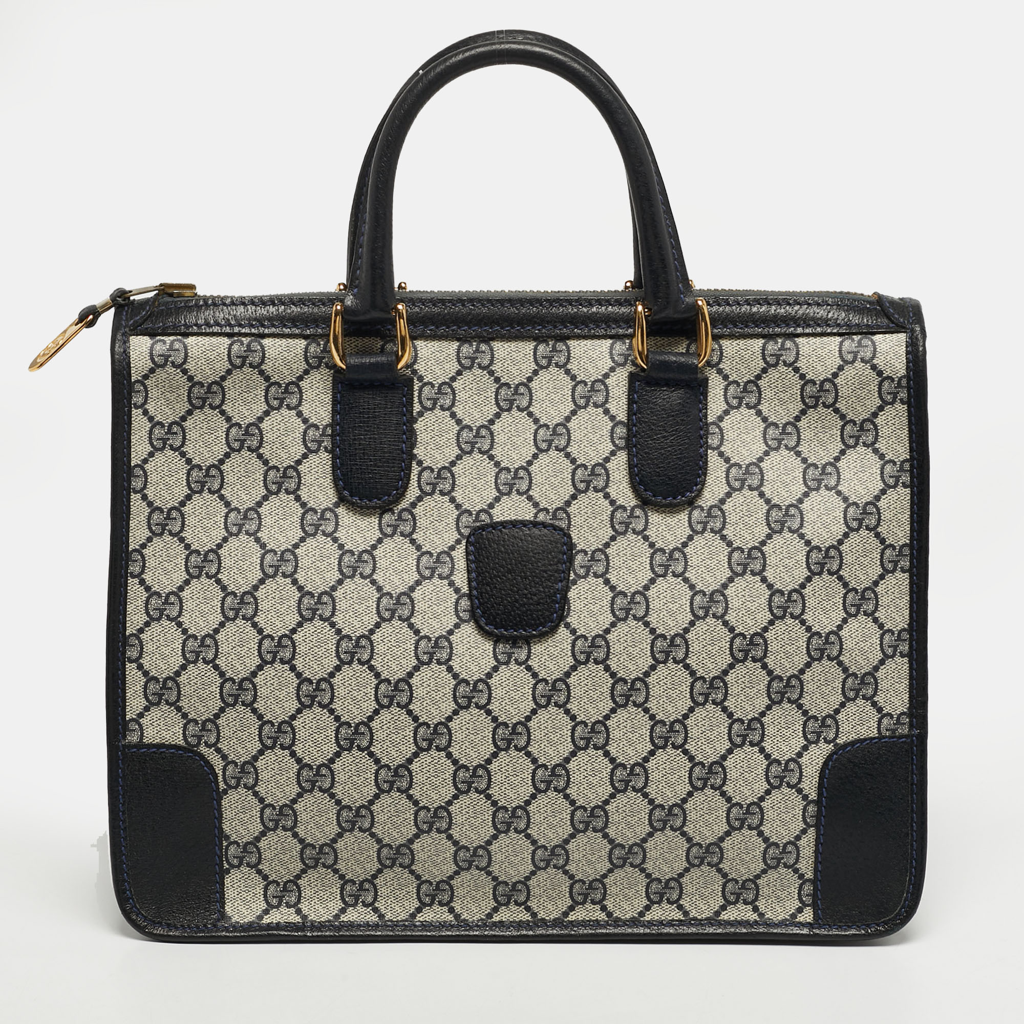 

Gucci Vintage Navy Blue/Beige GG Supreme Canvas and Leather Tote