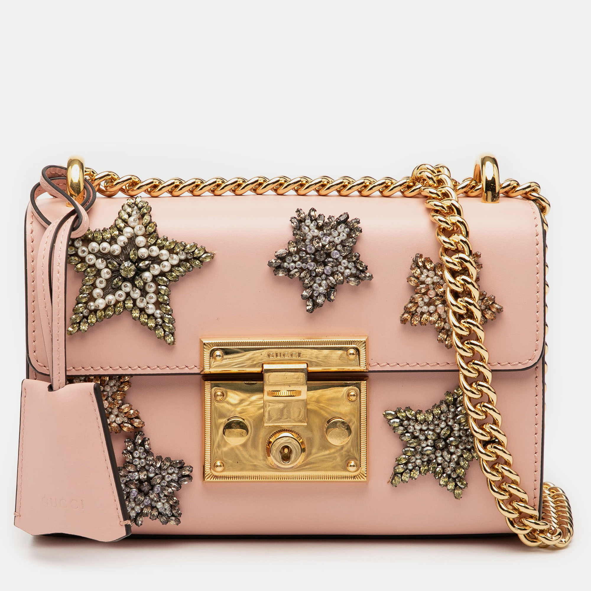

Gucci Pink Small Crystal Embellished Leather Star Padlock Crossbody