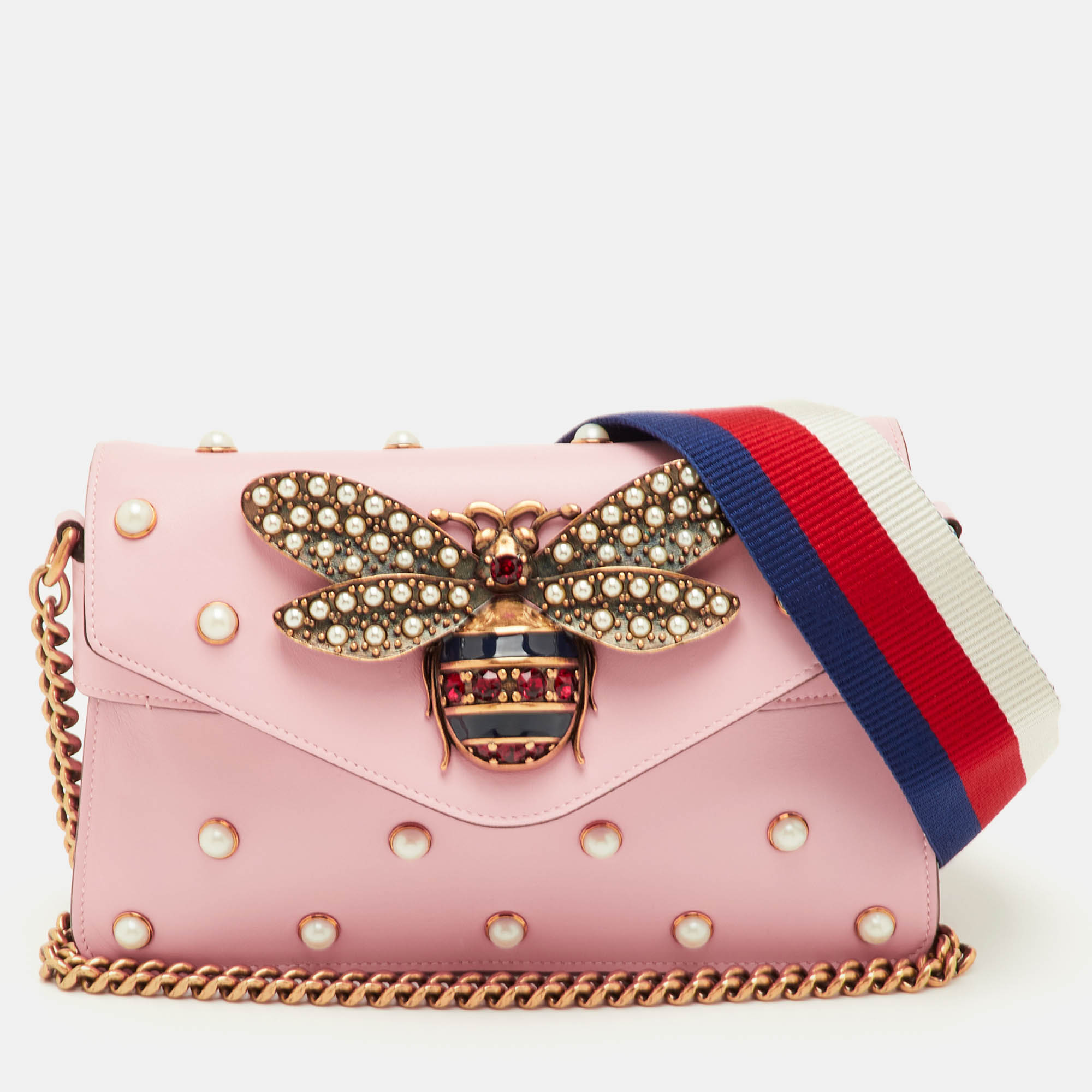 

Gucci Bee Pearl Studded Queen Margaret Broadway Mini Pink Leather Crossbody Bag