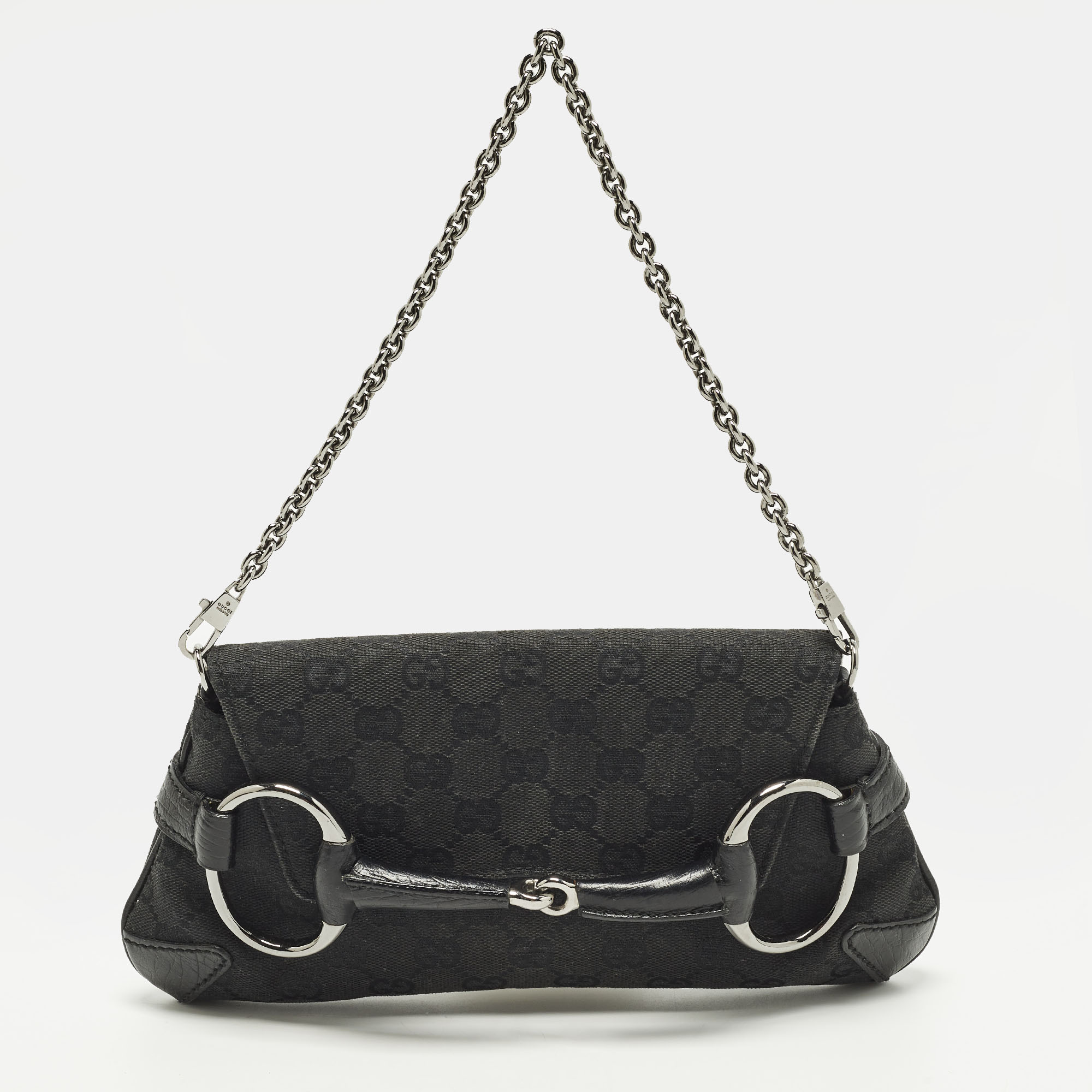 

Gucci Horsebit Black GG Canvas Chain Clutch