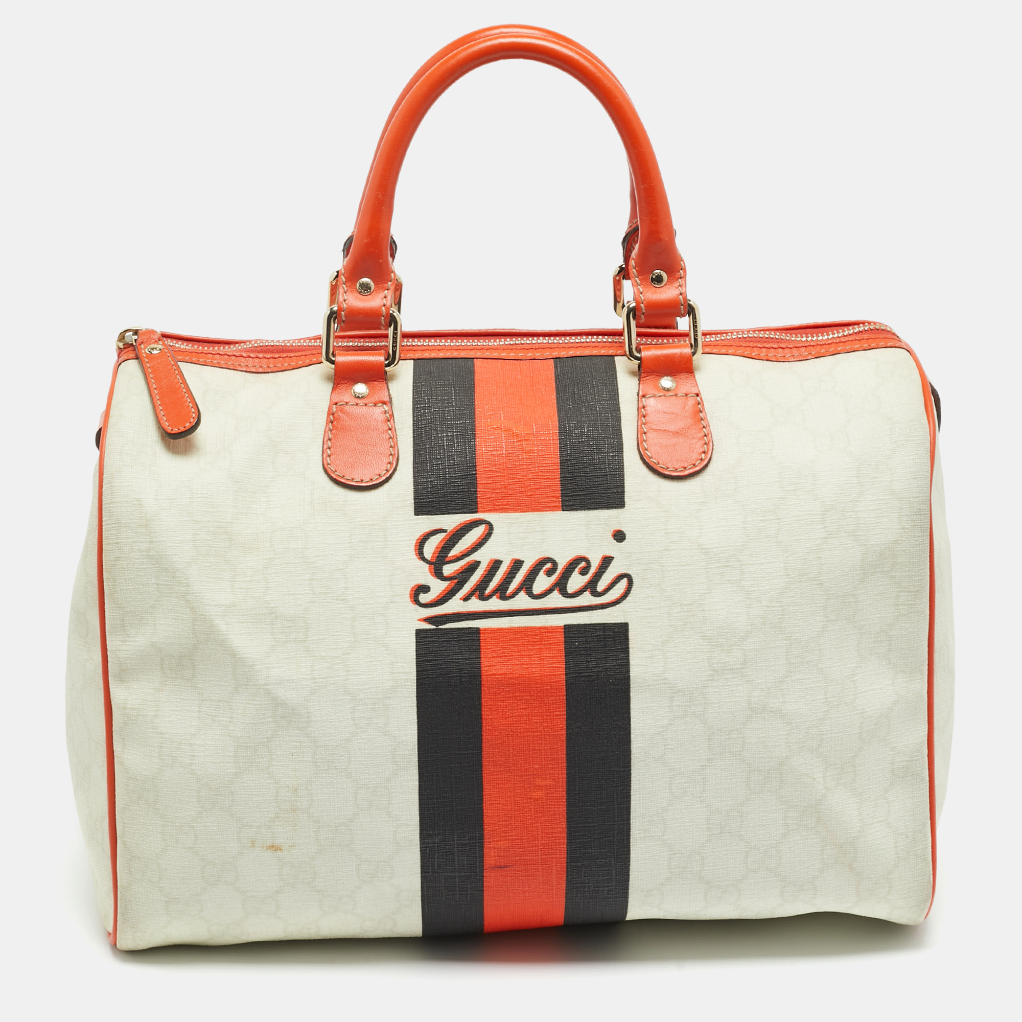 

Gucci Joy Web Stripe Orange/Off White GG Supreme Canvas and Leather Boston Bag