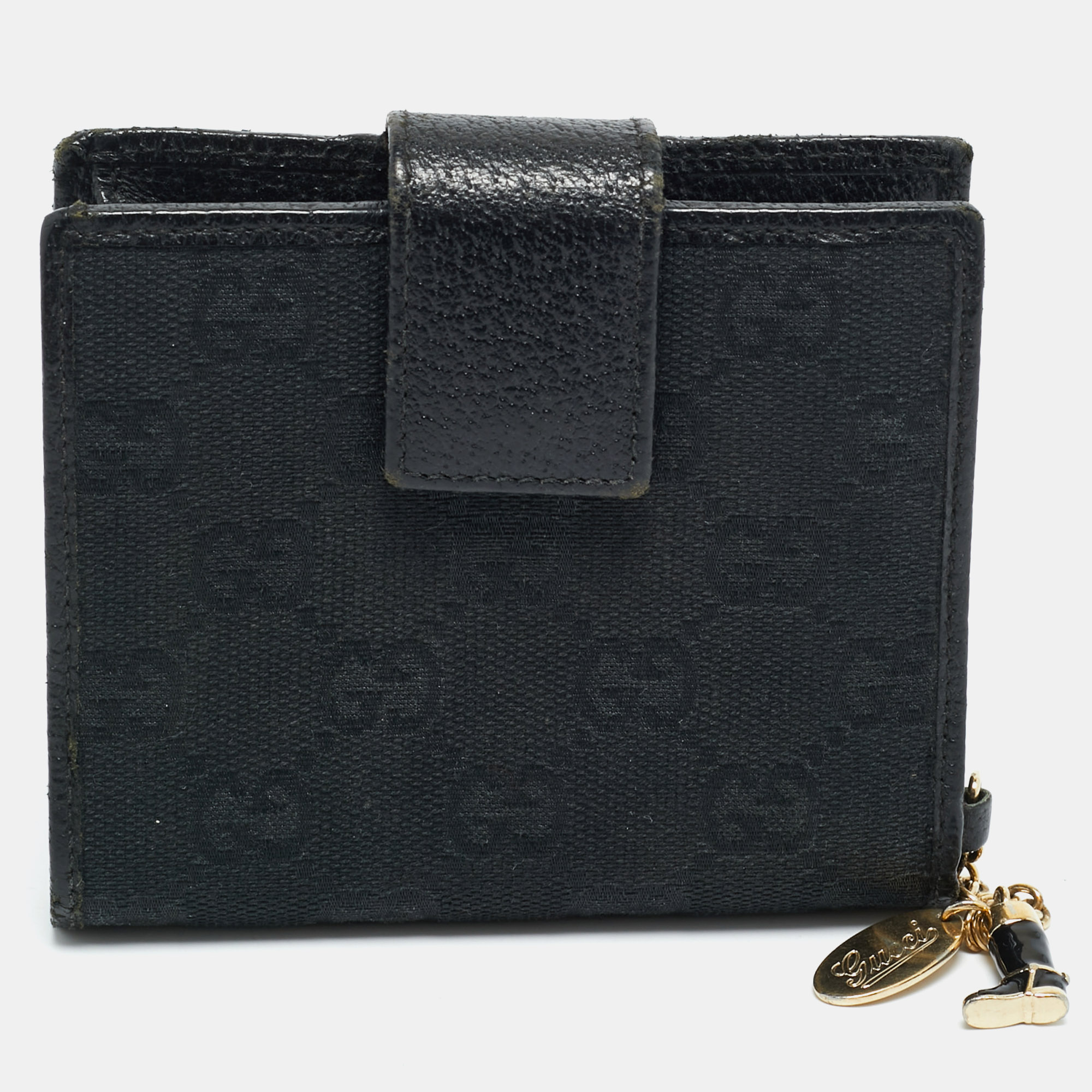 Pre-owned Gucci Boot Charm Black Gg Canvas And Leather Flap Compact Wallet