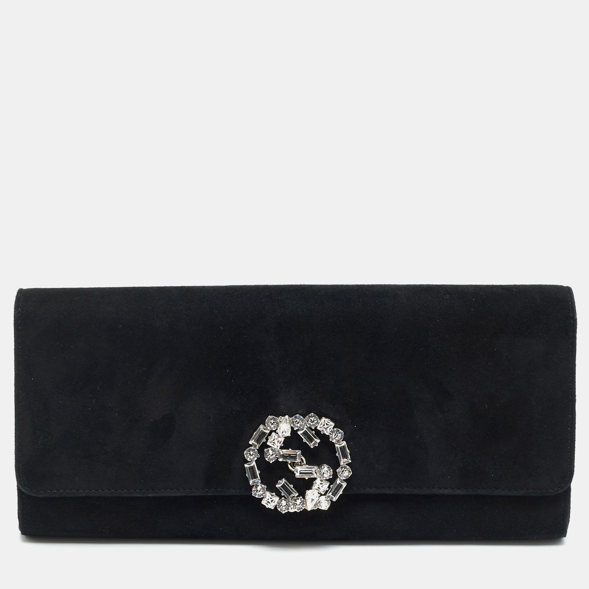 Pre-owned Gucci Broadway Black Suede Suede Crystal Gg Clutch