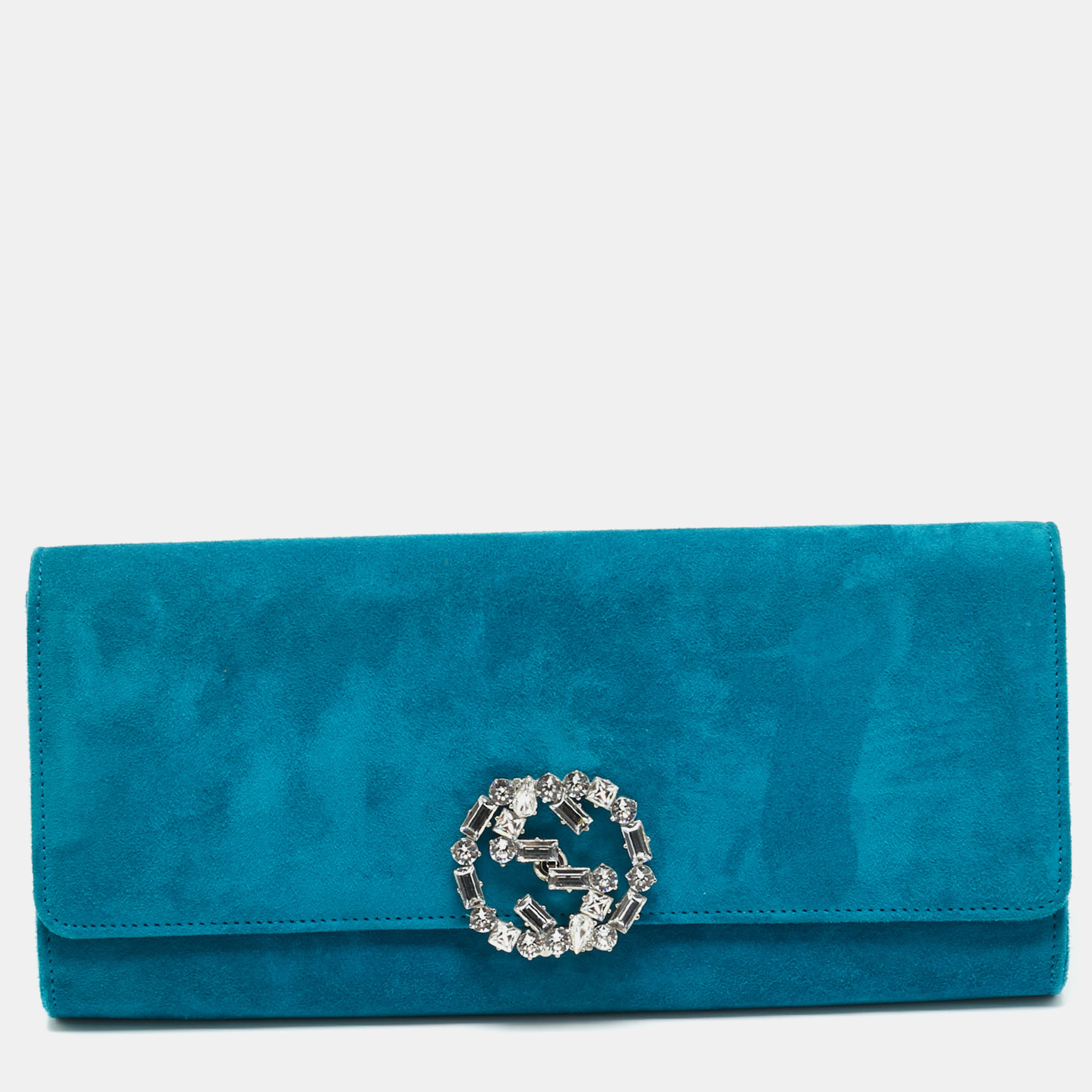 Pre-owned Gucci Broadway Blue Suede Suede Crystal Gg Clutch