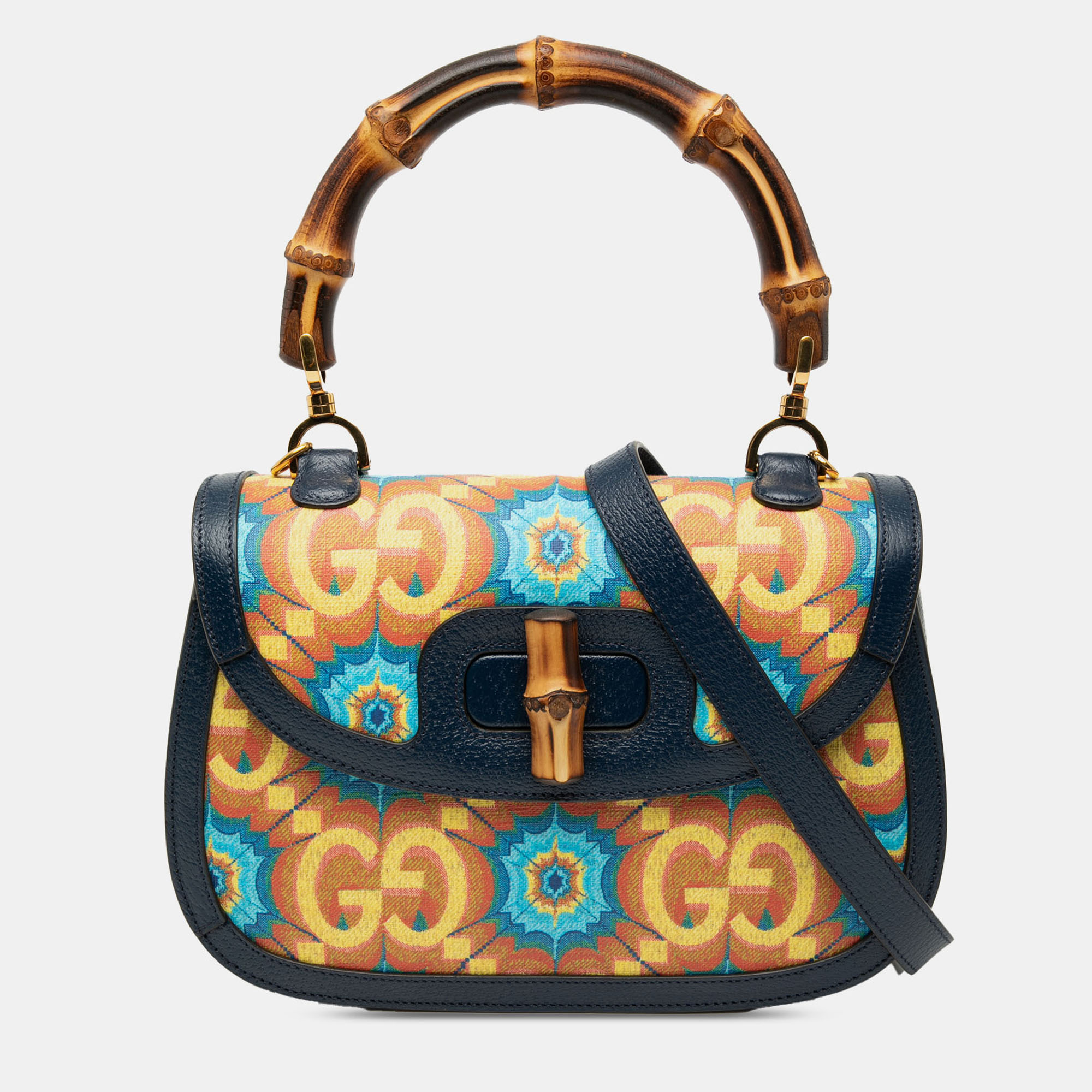 

Gucci Blue 100th Anniversary Medium GG Coated Canvas Kaleidoscope 1947 Bamboo Top Handle Bag