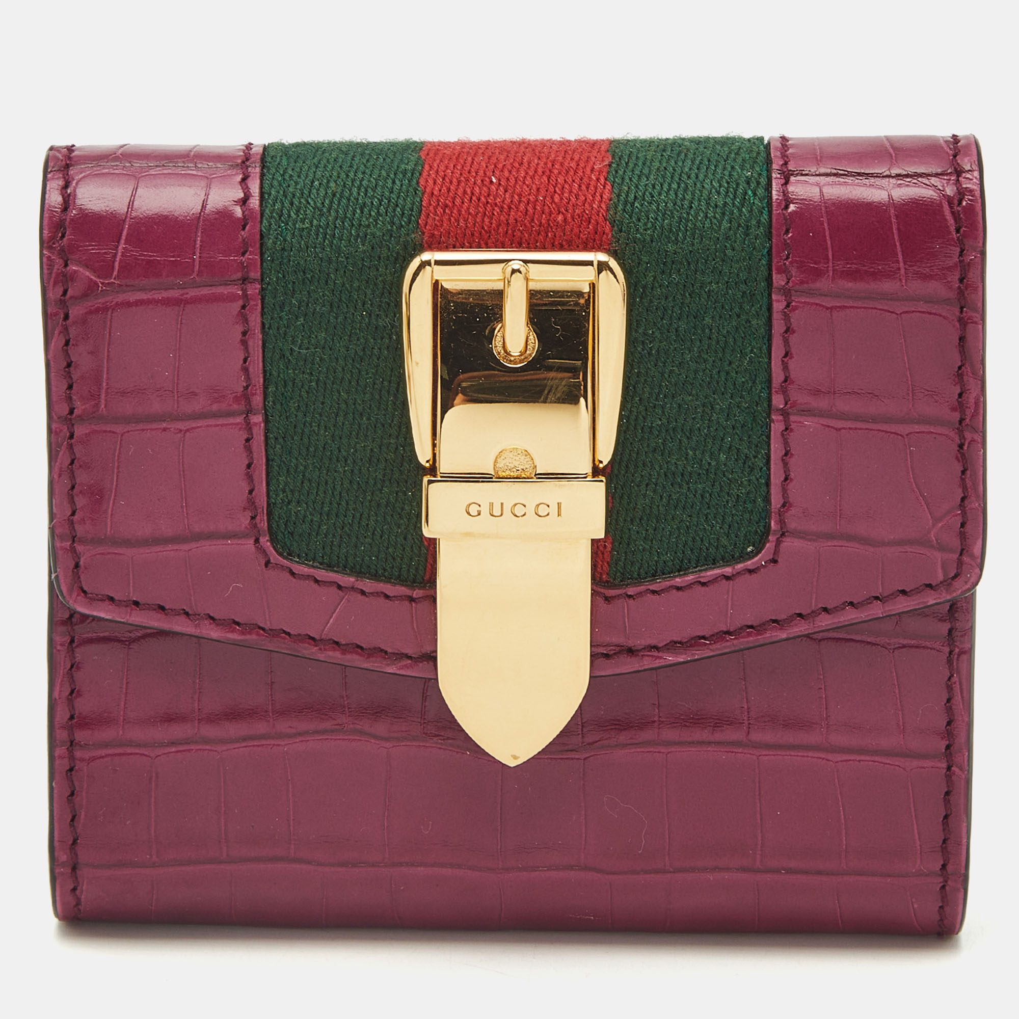 

Gucci Sylvie Fuchsia Crocodile Trifold Wallet, Pink