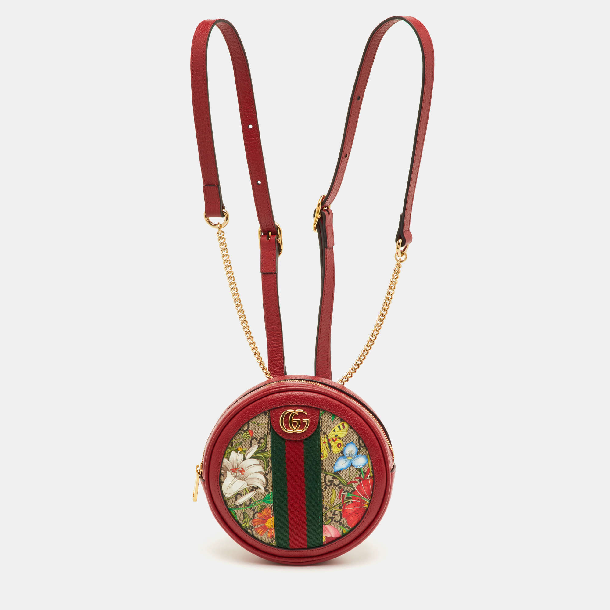 

Gucci Red GG Supreme Flora Ophidia Round Coated Canvas and Leather Backpack