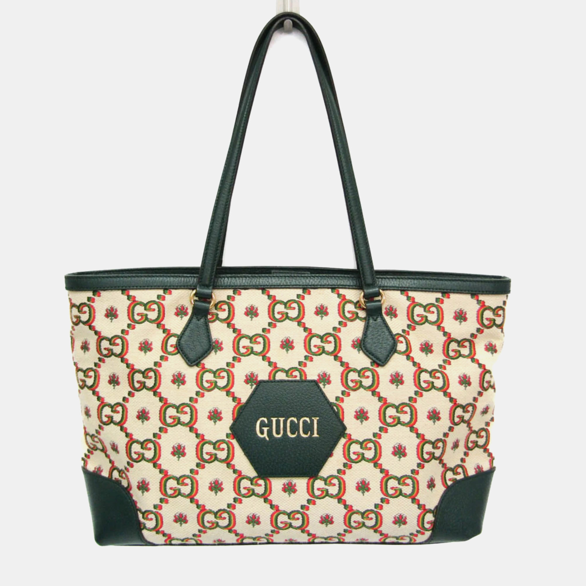 

Gucci 100th Anniversary Model Canvas Leather Tote Bag Green Light Beige, Multicolor