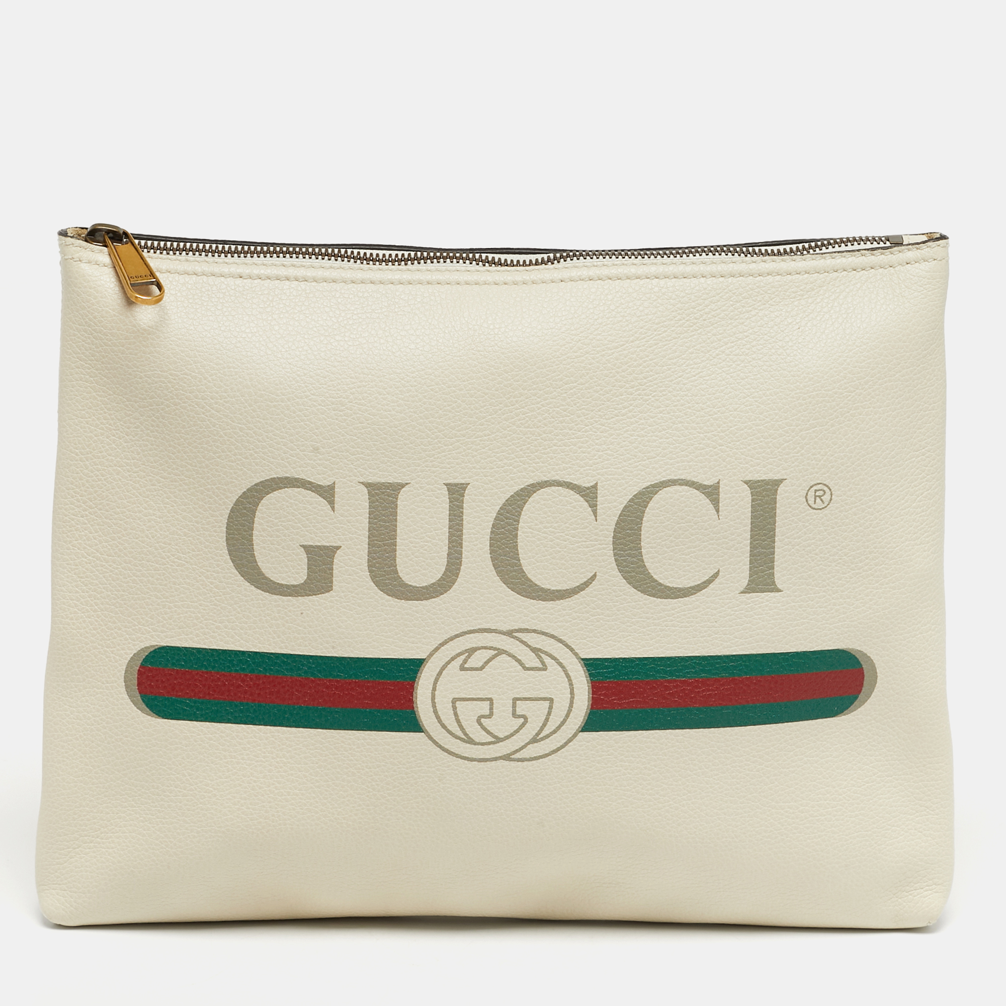 

Gucci Logo Print Off White Leather Zip Pouch