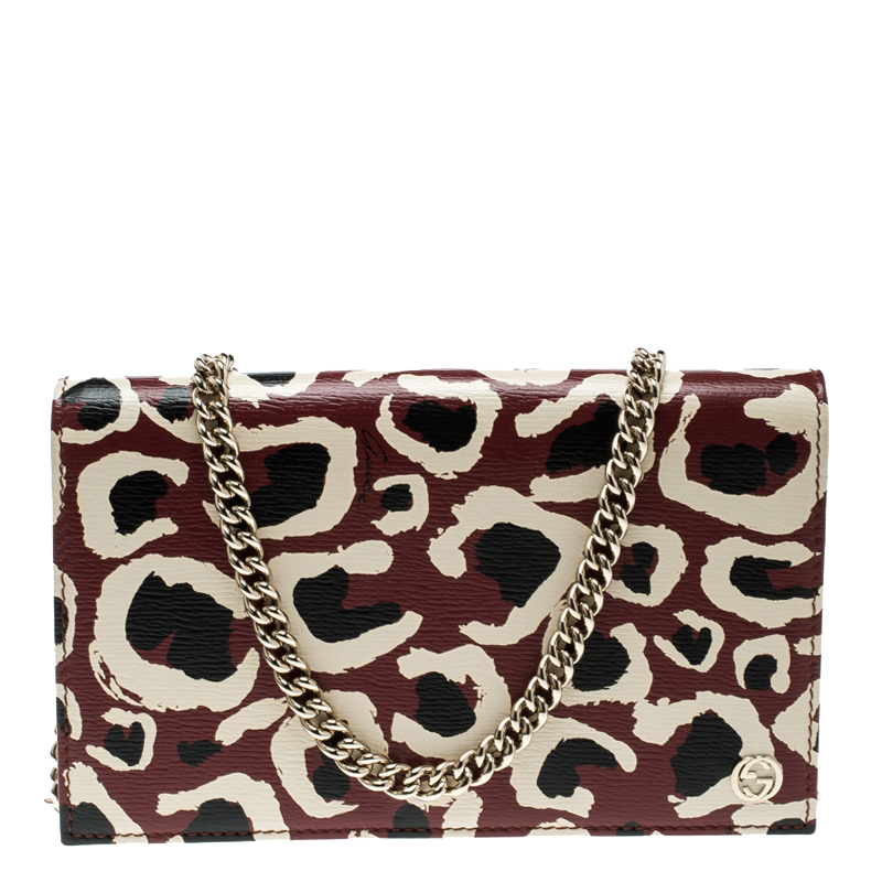 Gucci Brown Leopard Print Leather Wallet On Chain