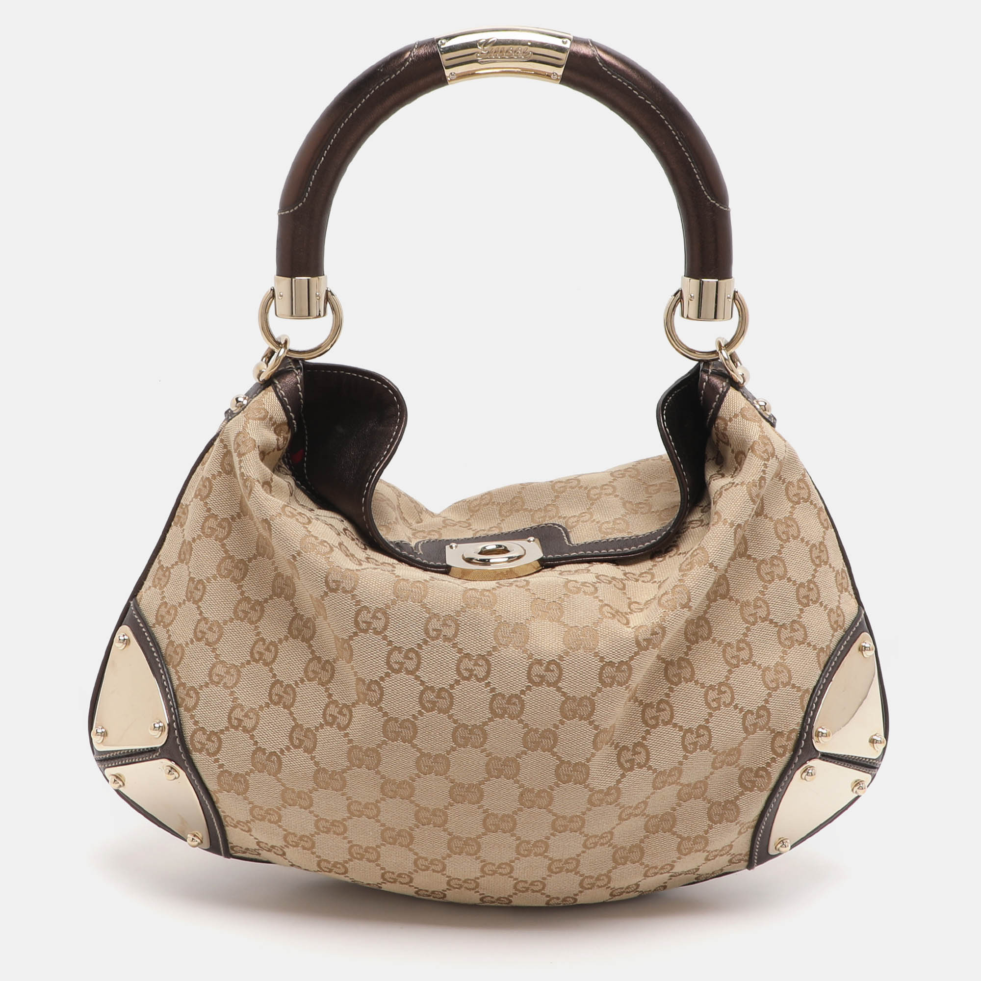 Pre-owned Gucci Babouska Indy Medium Beige/dark Brown Canvas And Leather Hobo In Sand