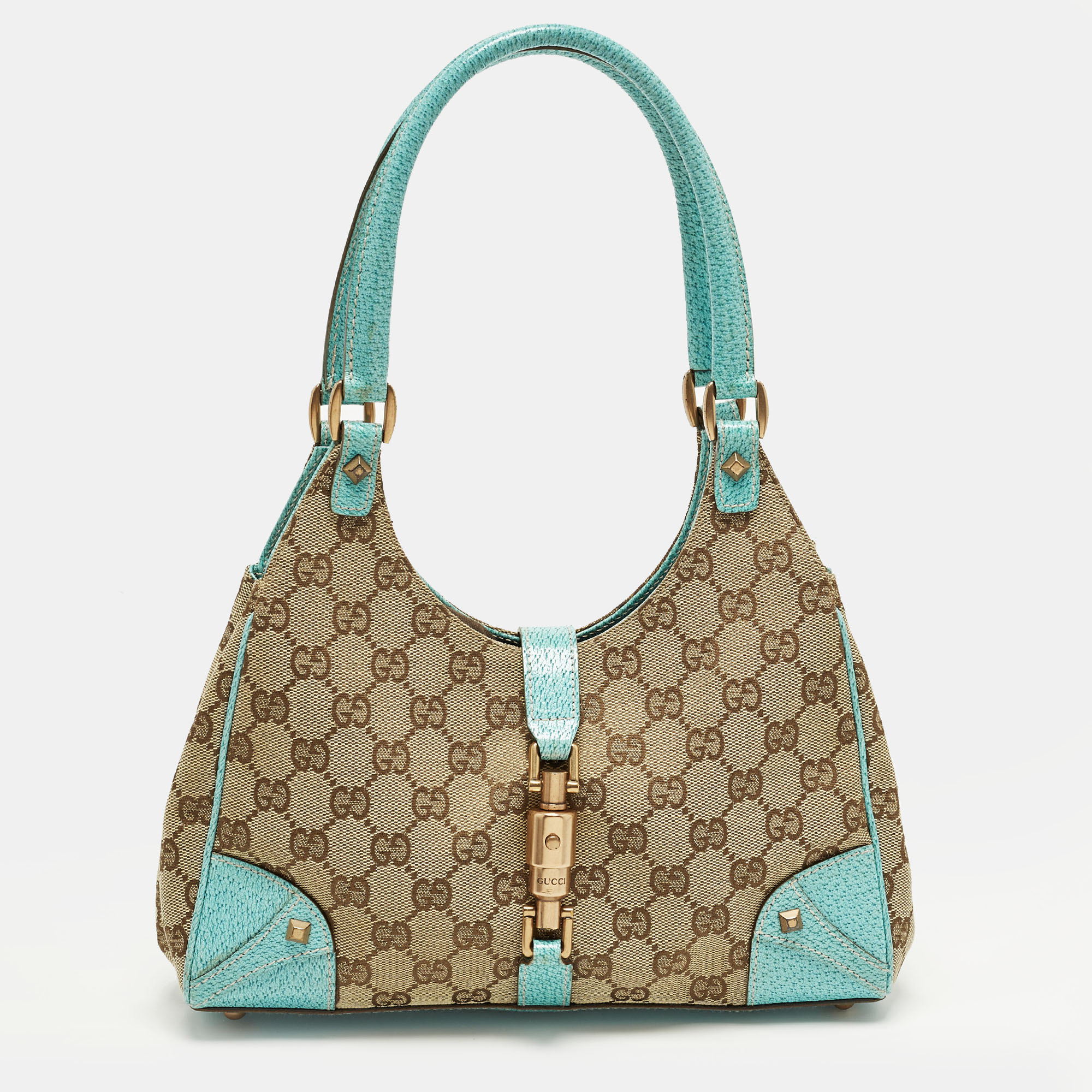 Pre-owned Gucci Jackie Turquoise Blue/beige Gg Canvas And Leather Tote