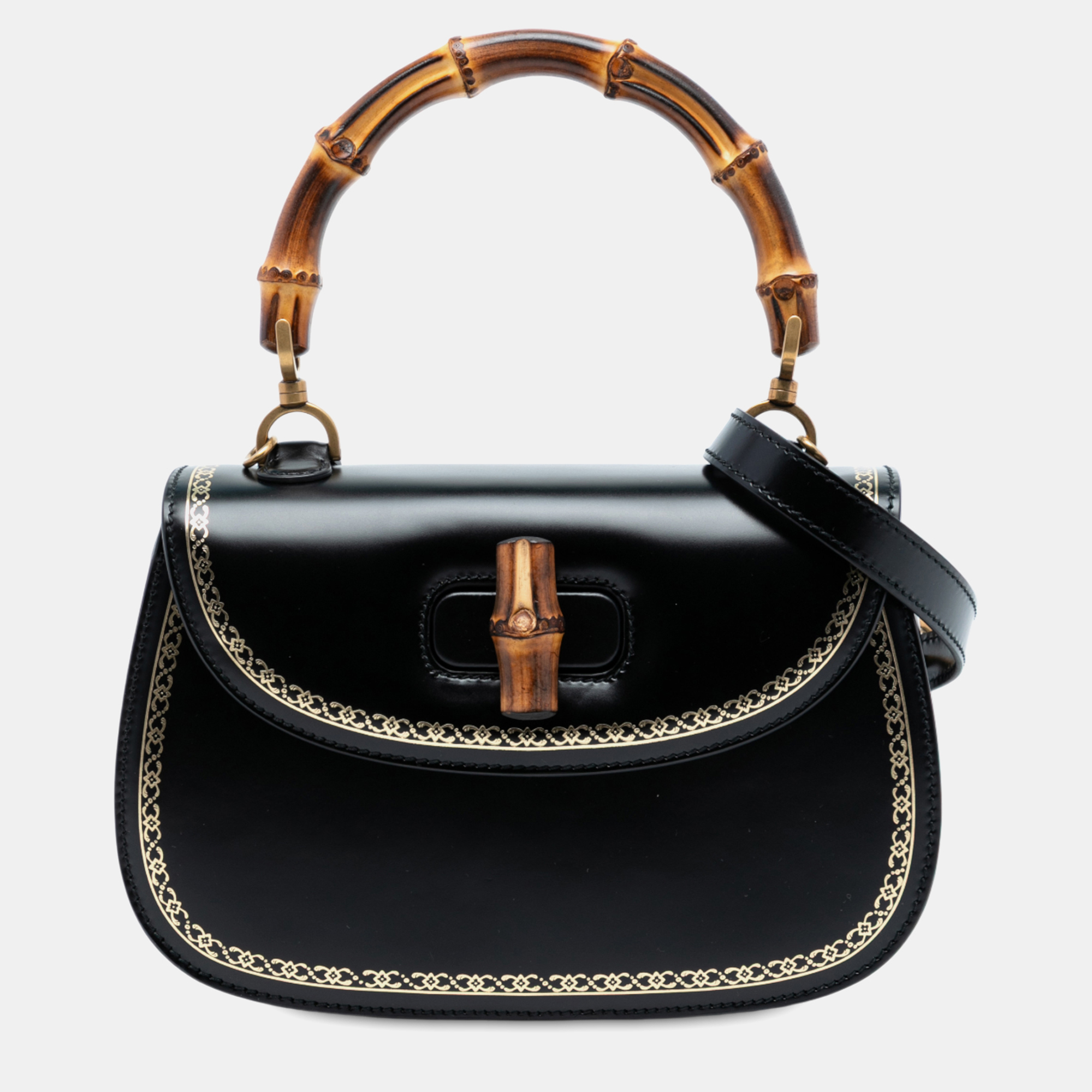 

Gucci Black Calfskin Frame Print Bamboo Top Handle Bag
