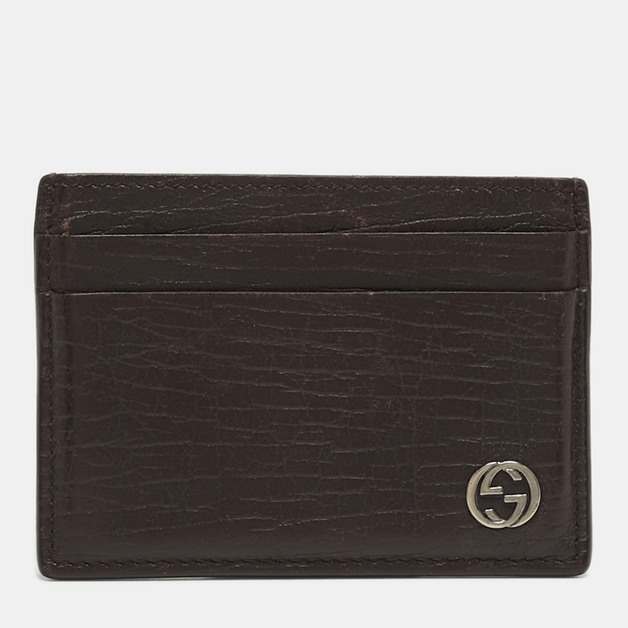 Pre-owned Gucci Interlocking G Dark Brown Leather Card Holder