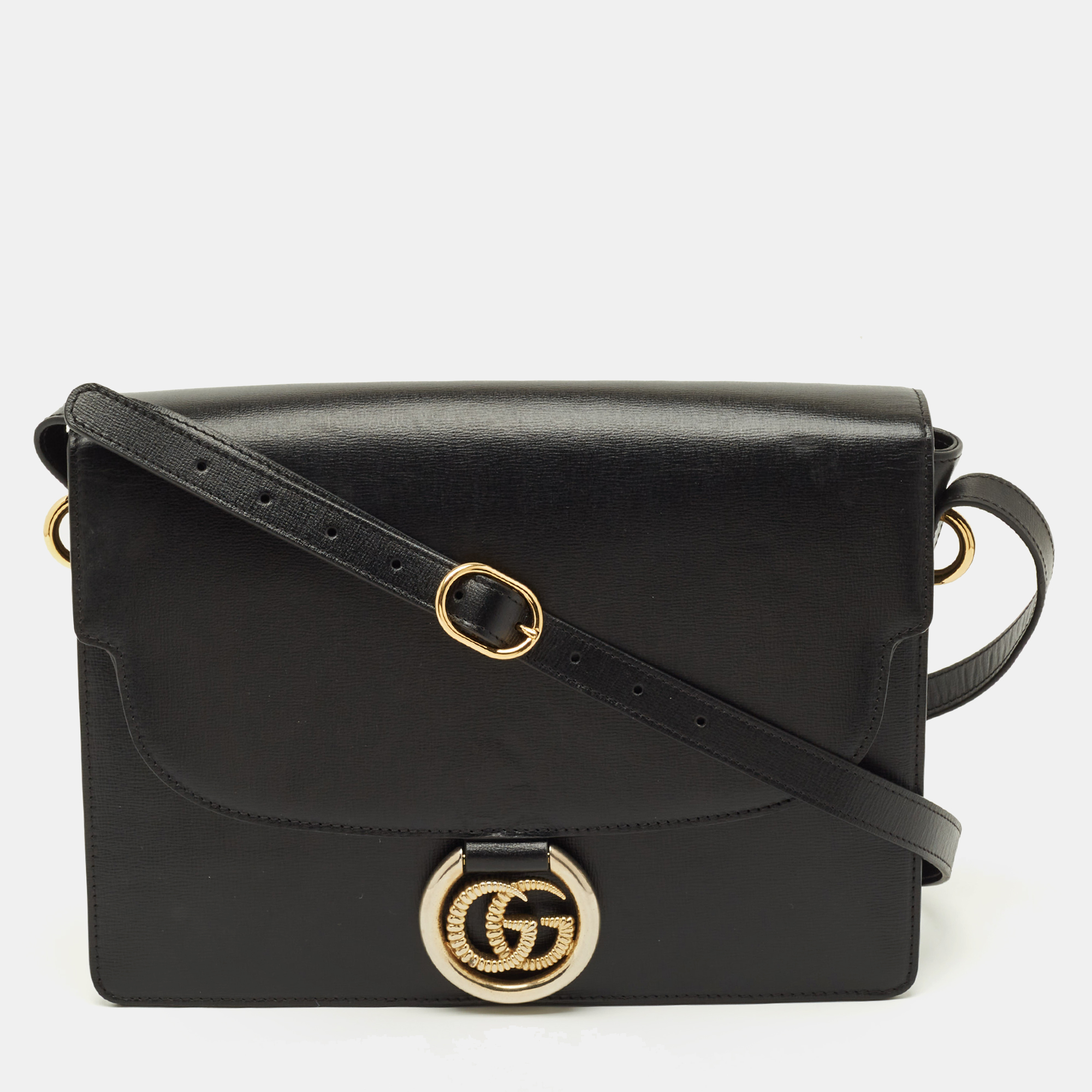 

Gucci GG Ring Flap Black Leather Shoulder Bag