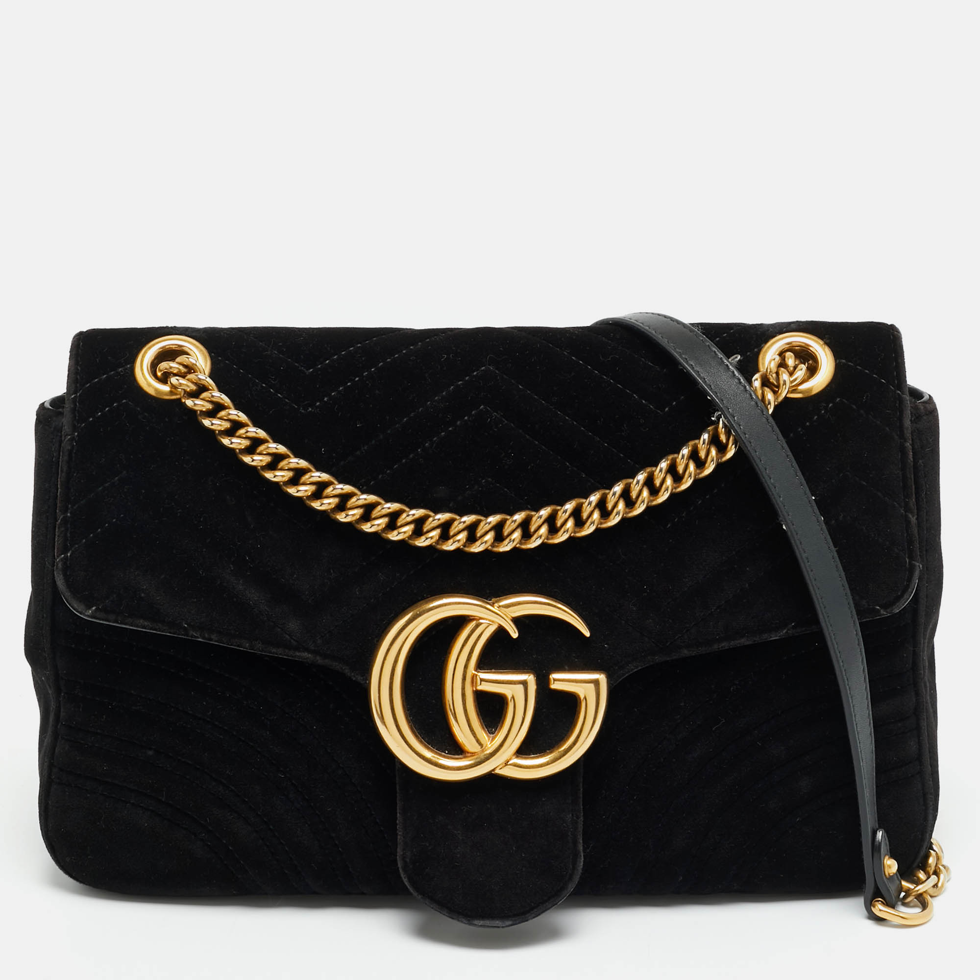 

Gucci GG Marmont Flap Medium Black Matelassé Velvet Shoulder Bag