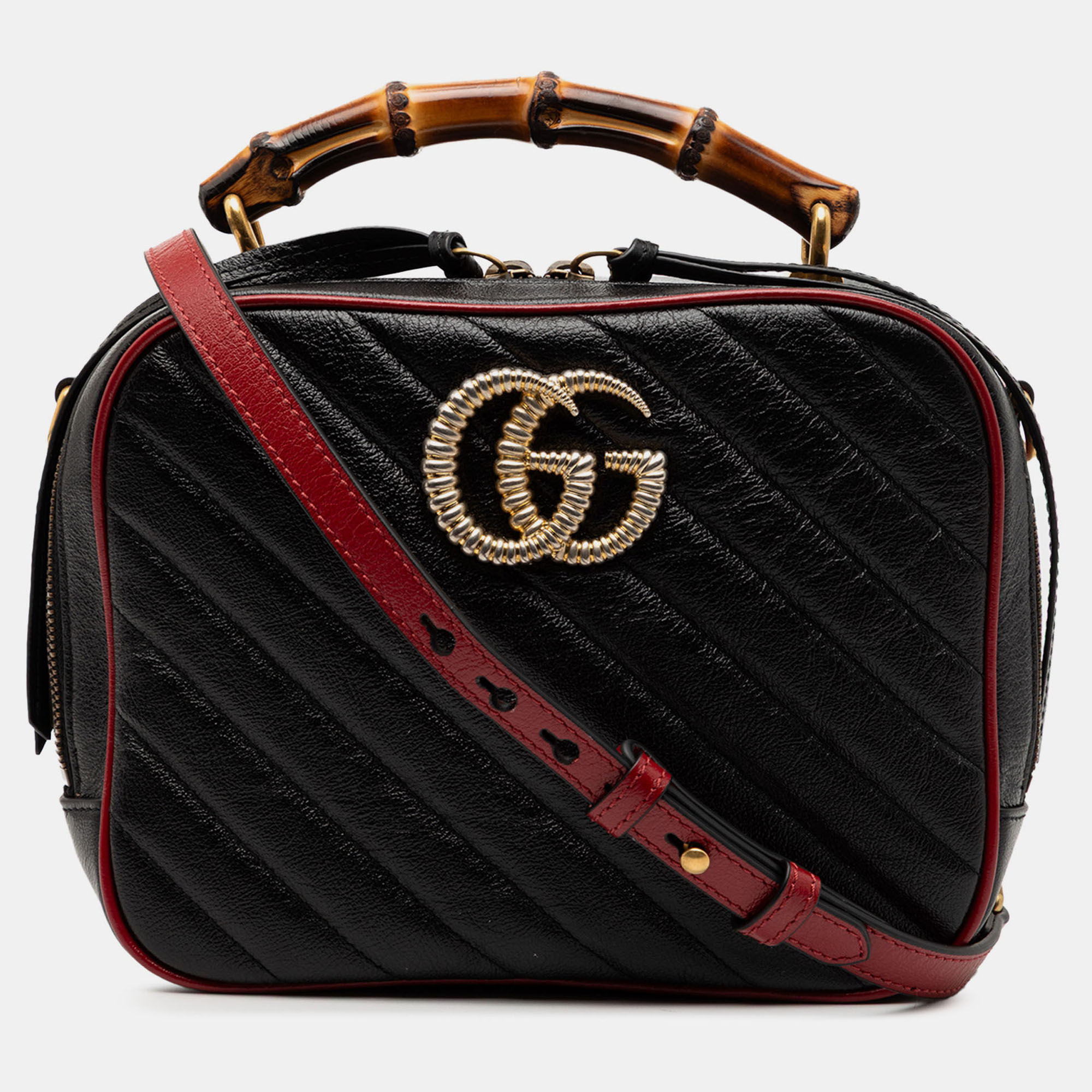 

Gucci Black Small GG Marmont Matelasse Diagonal Leather Torchon Bamboo Satchel