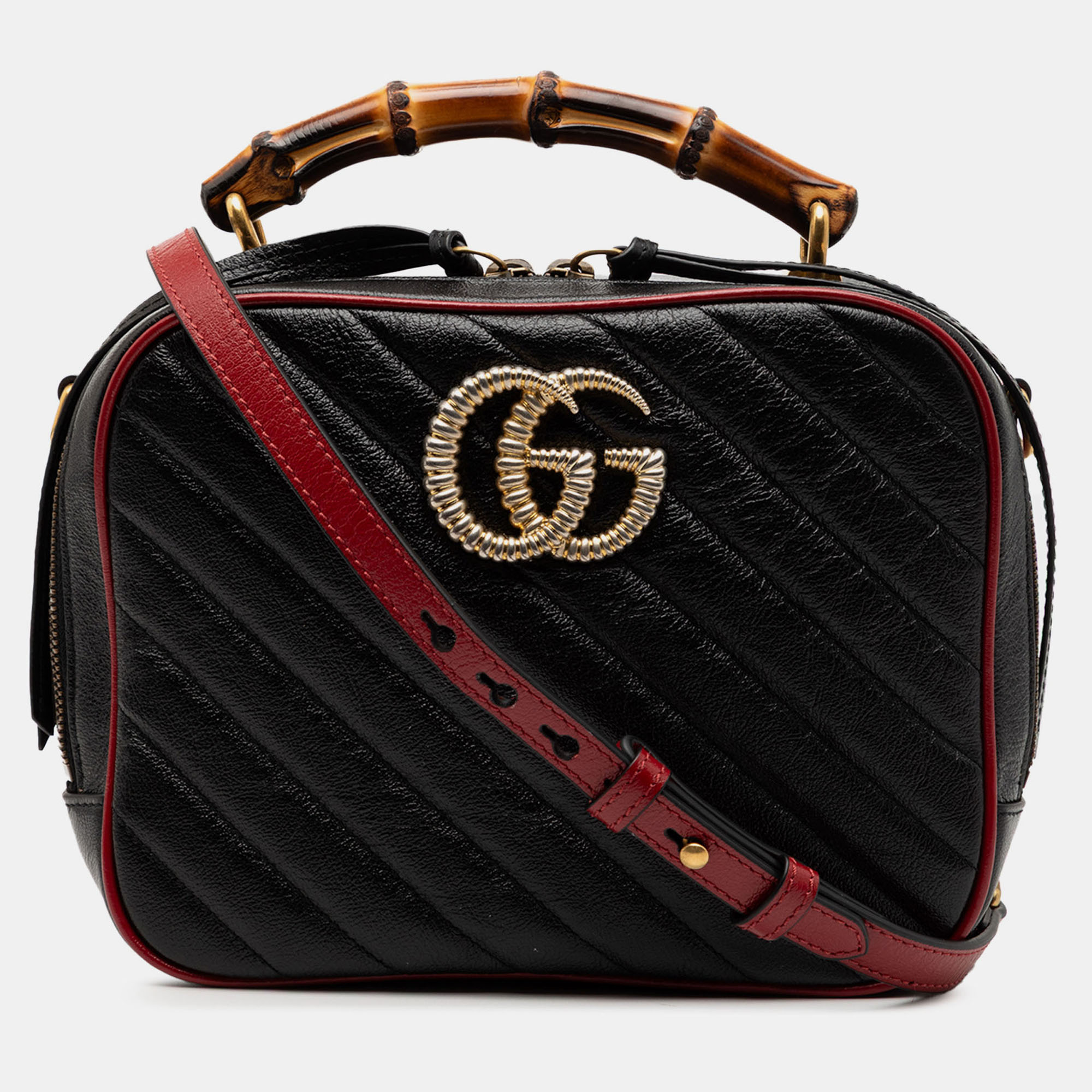 

Gucci Black Small GG Marmont Matelasse Diagonal Leather Torchon Bamboo Satchel
