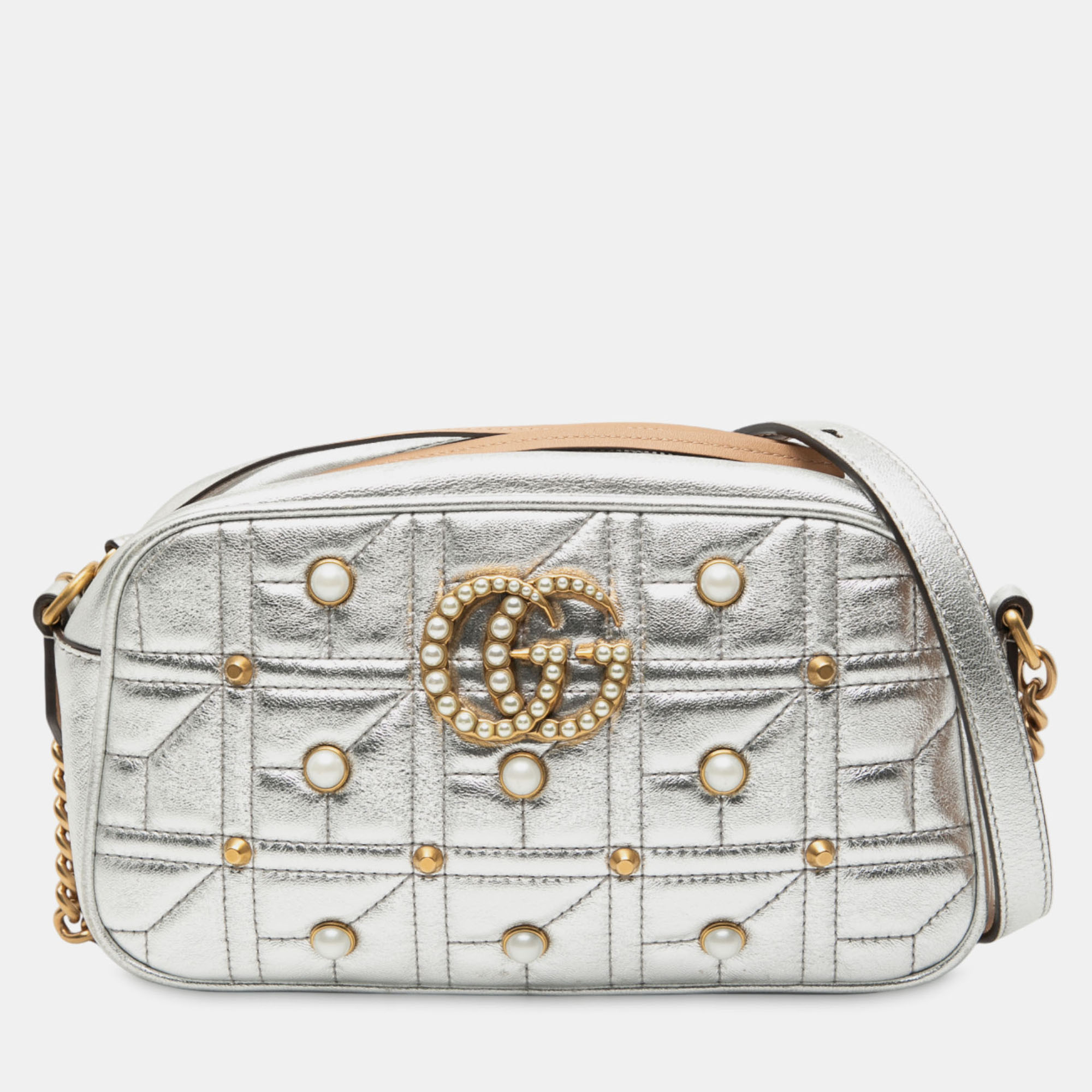

Gucci Silver Small GG Marmont Pearl Studded Matelasse Leather Aria Crossbody