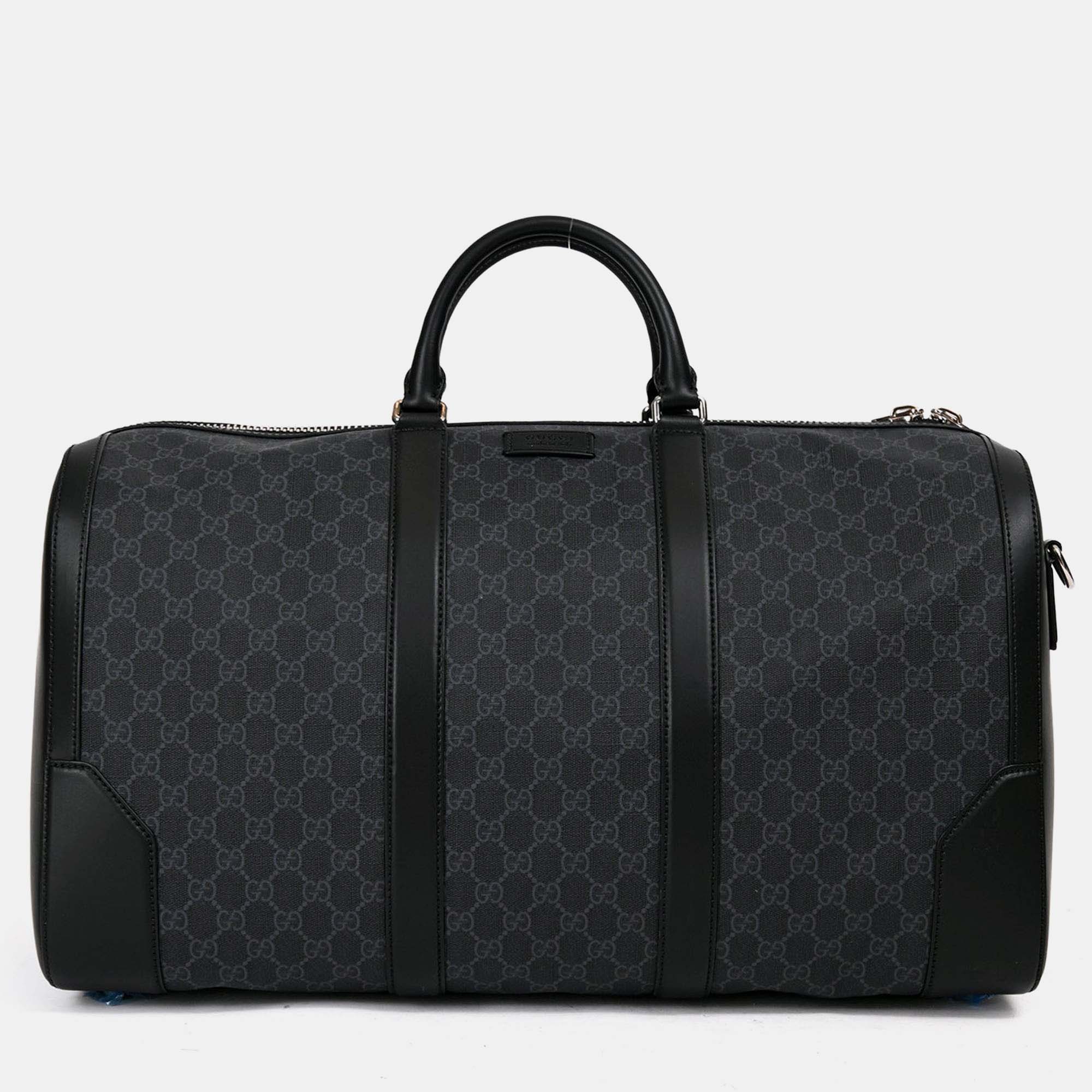 

Gucci Black GG Supreme Canvas Leather Trimmed Large Duffle Bag with Web Canvas Shoulder Strap