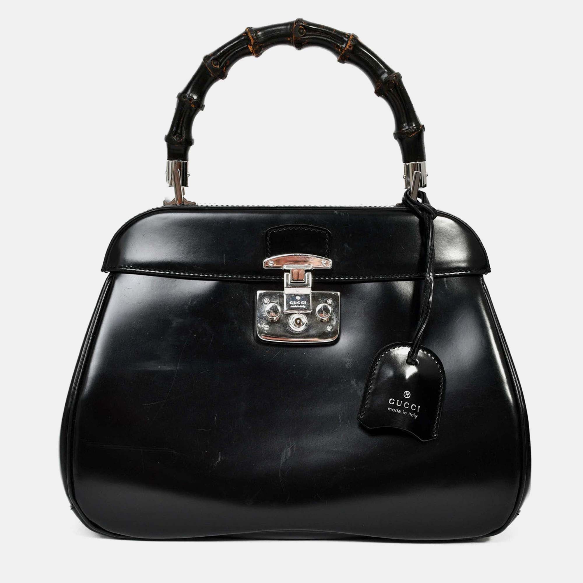 

Gucci Black Leather Bamboo Medium 'Lady Lock' Top Handle Bag