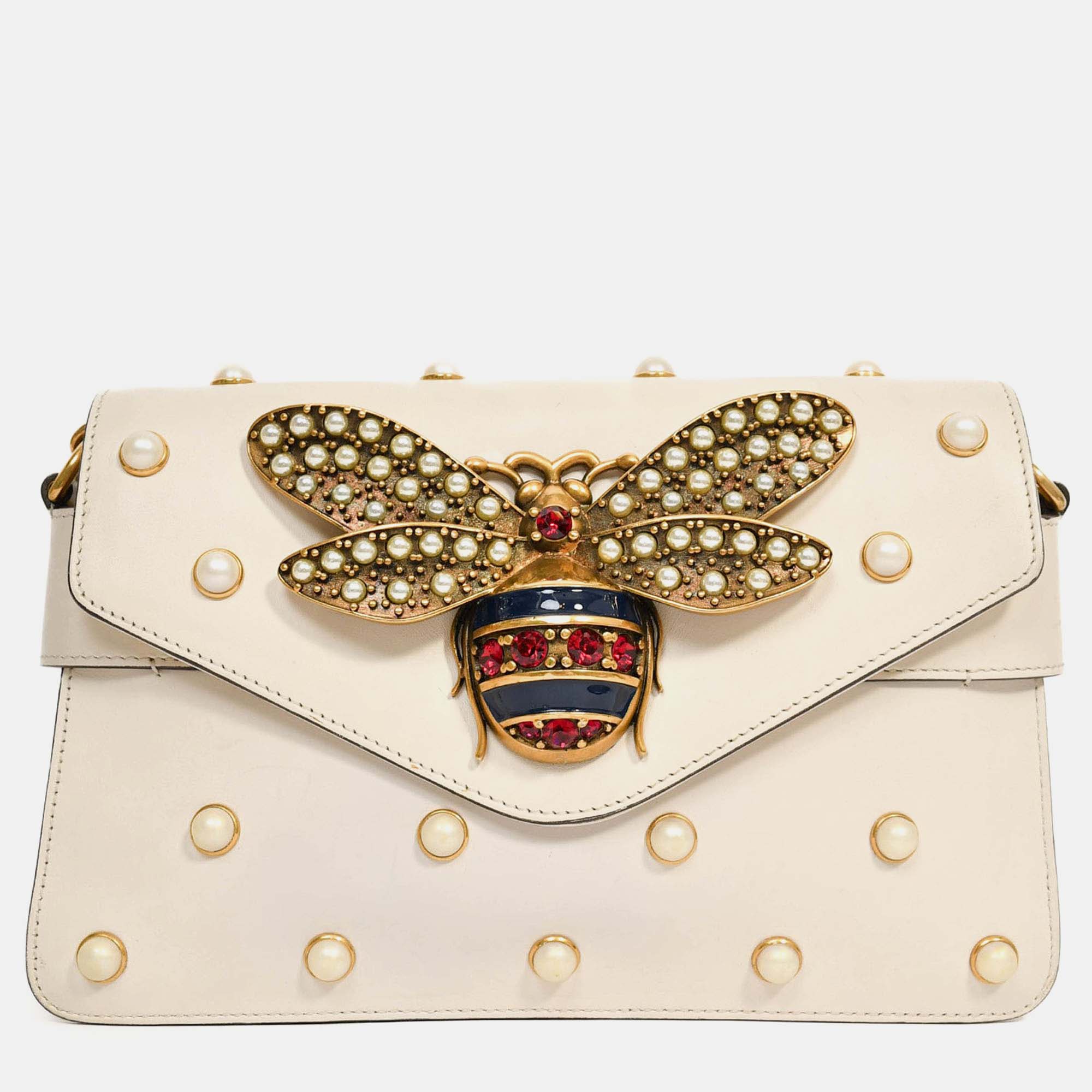 

Gucci White Leather Pearl Studded Mini Broadway Bee Shoulder Bag with Web Strap
