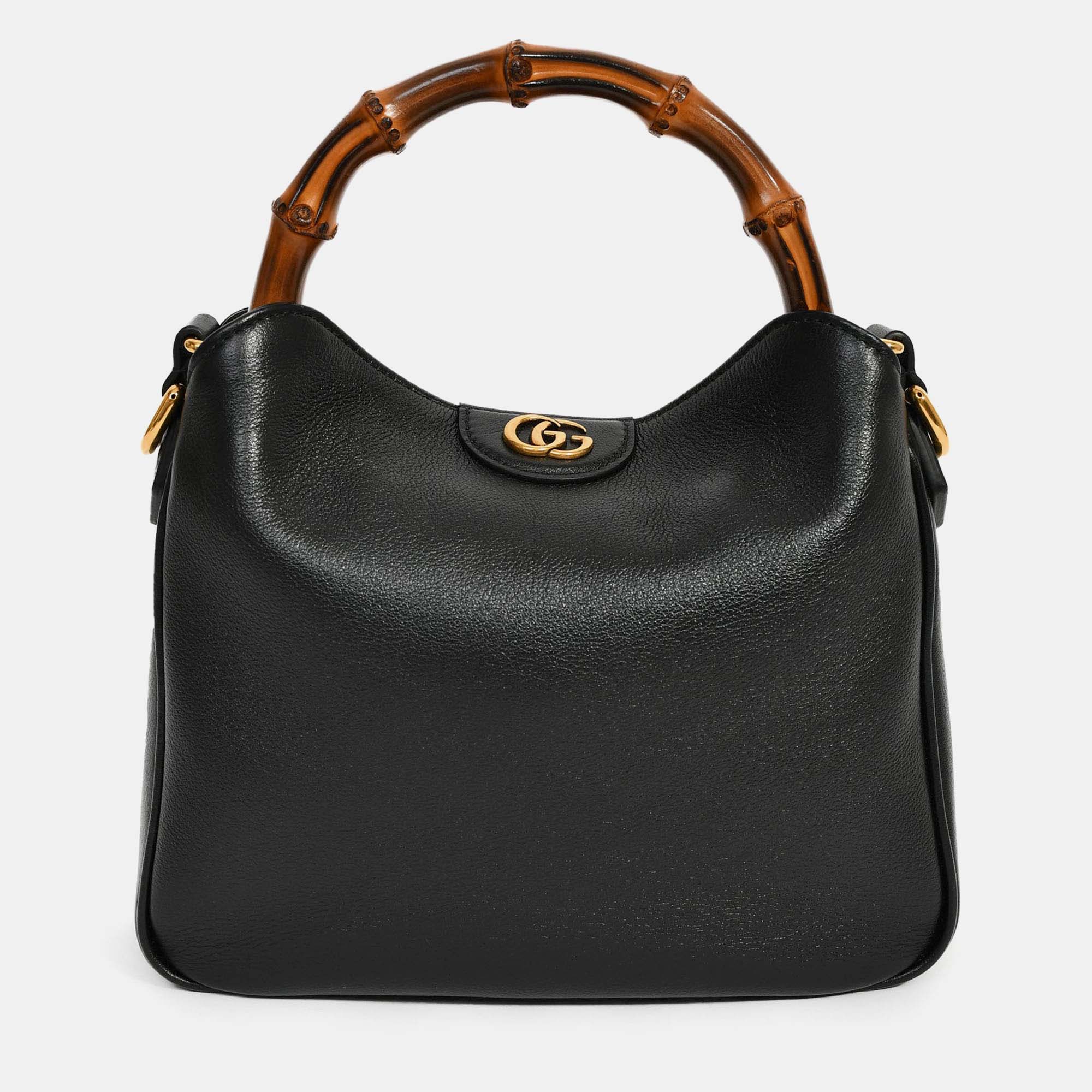 

Gucci Black Leather Bamboo Handle Double G Small 'Diana' Bag with Strap