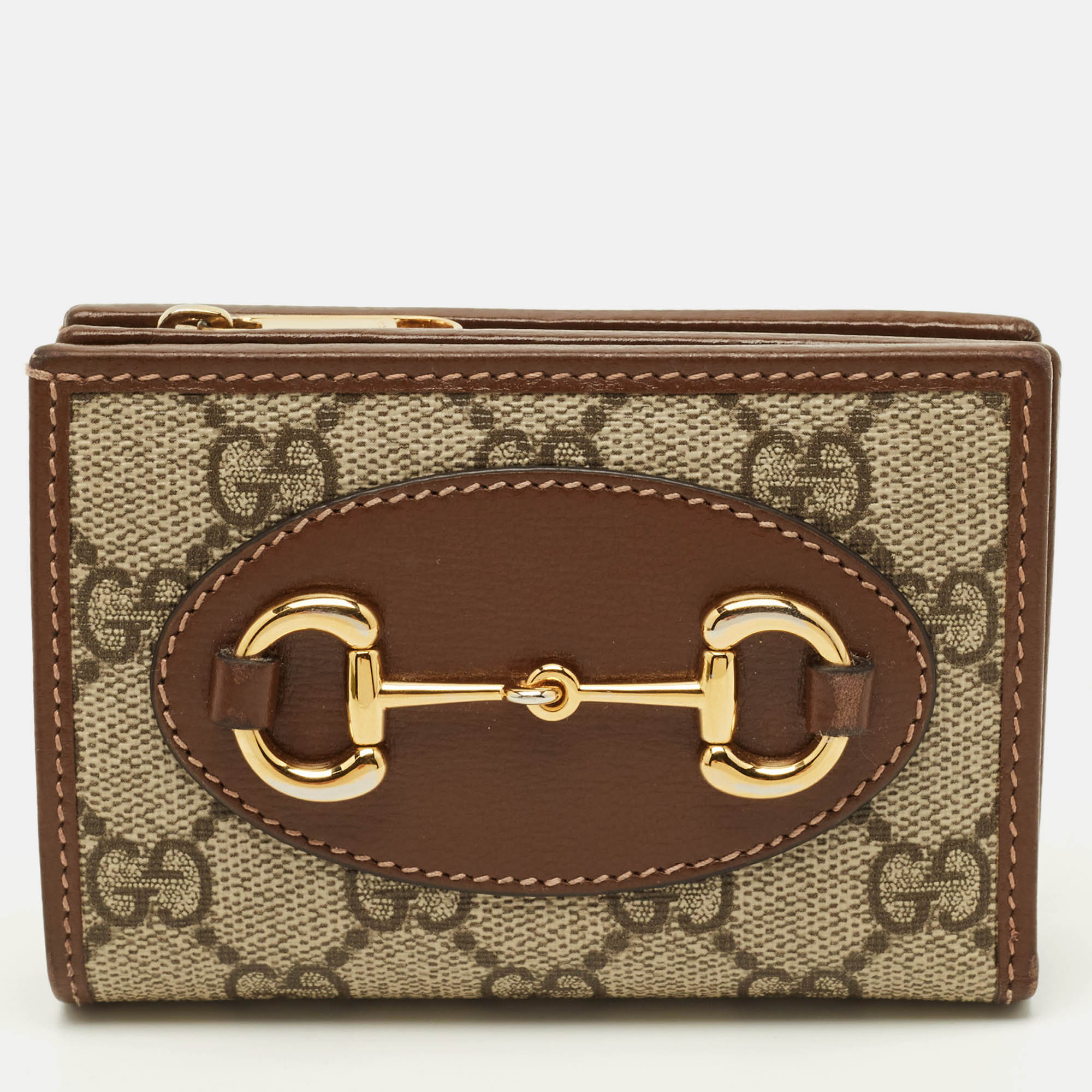 

Gucci Horsebit 1955 Beige/Brown GG Supreme Canvas and Leather Compact Wallet