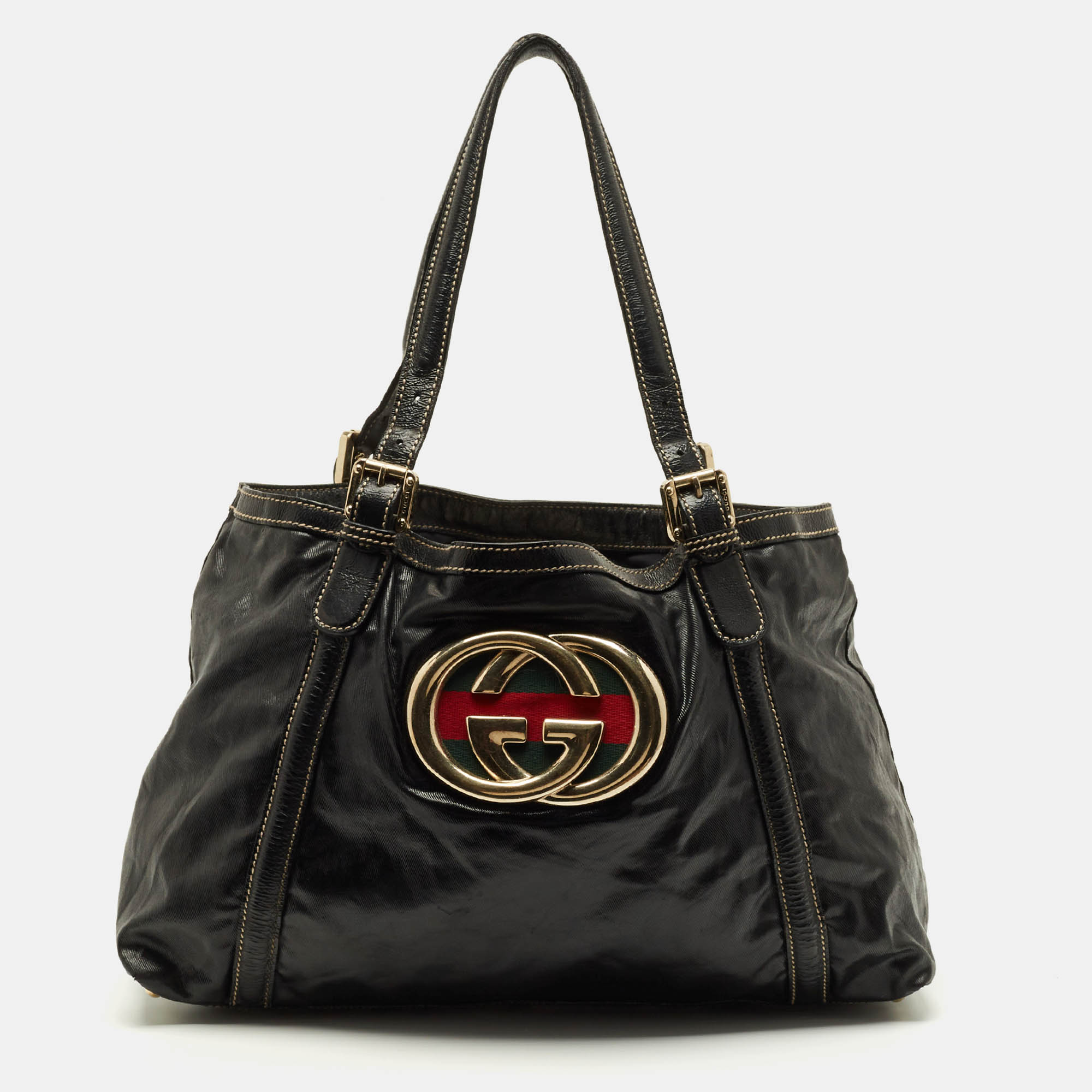 

Gucci Dialux Britt  Black Coated Fabric and Patent Leather Tote