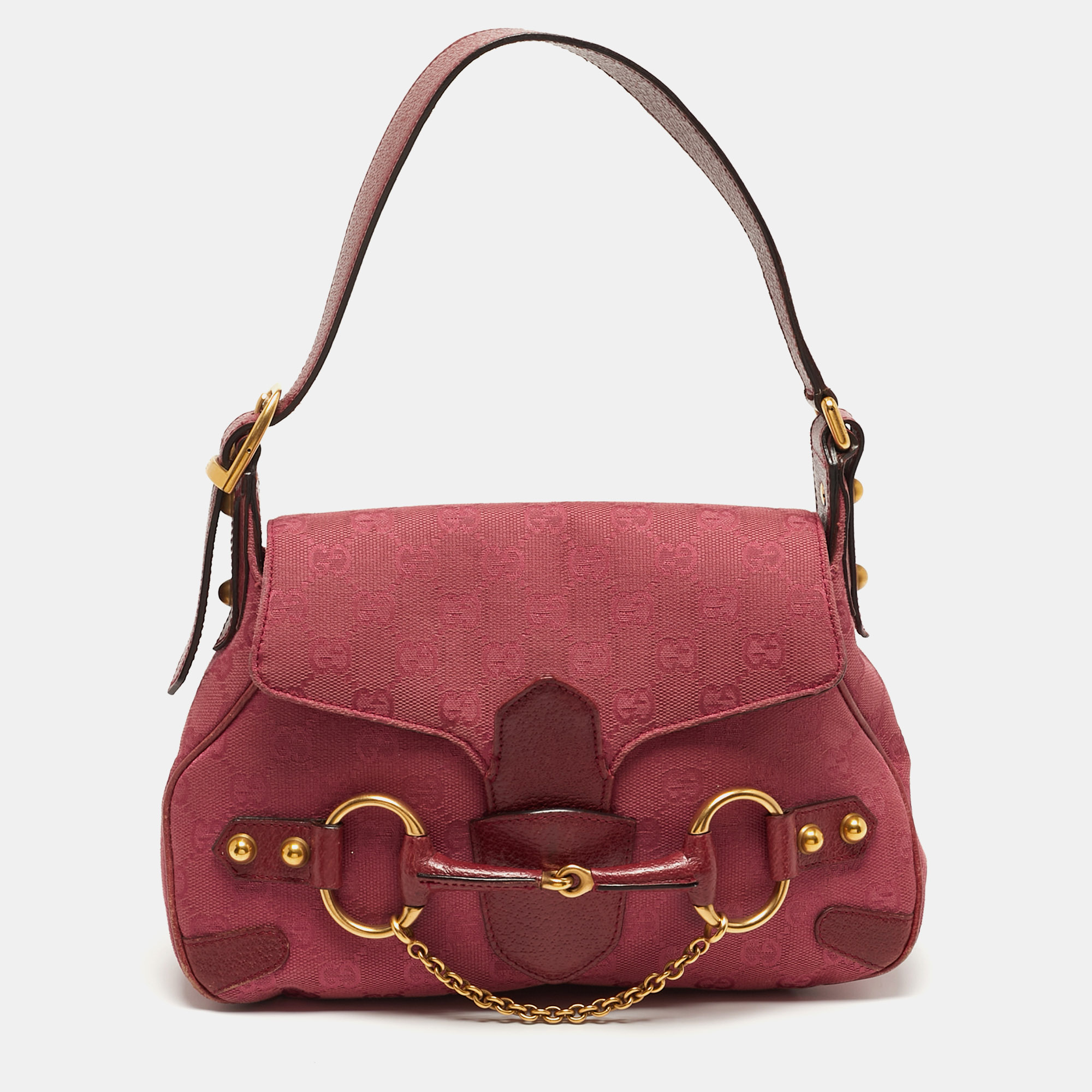 

Gucci Horsebit Chain  Dark Pink/Red GG Canvas Shoulder Bag