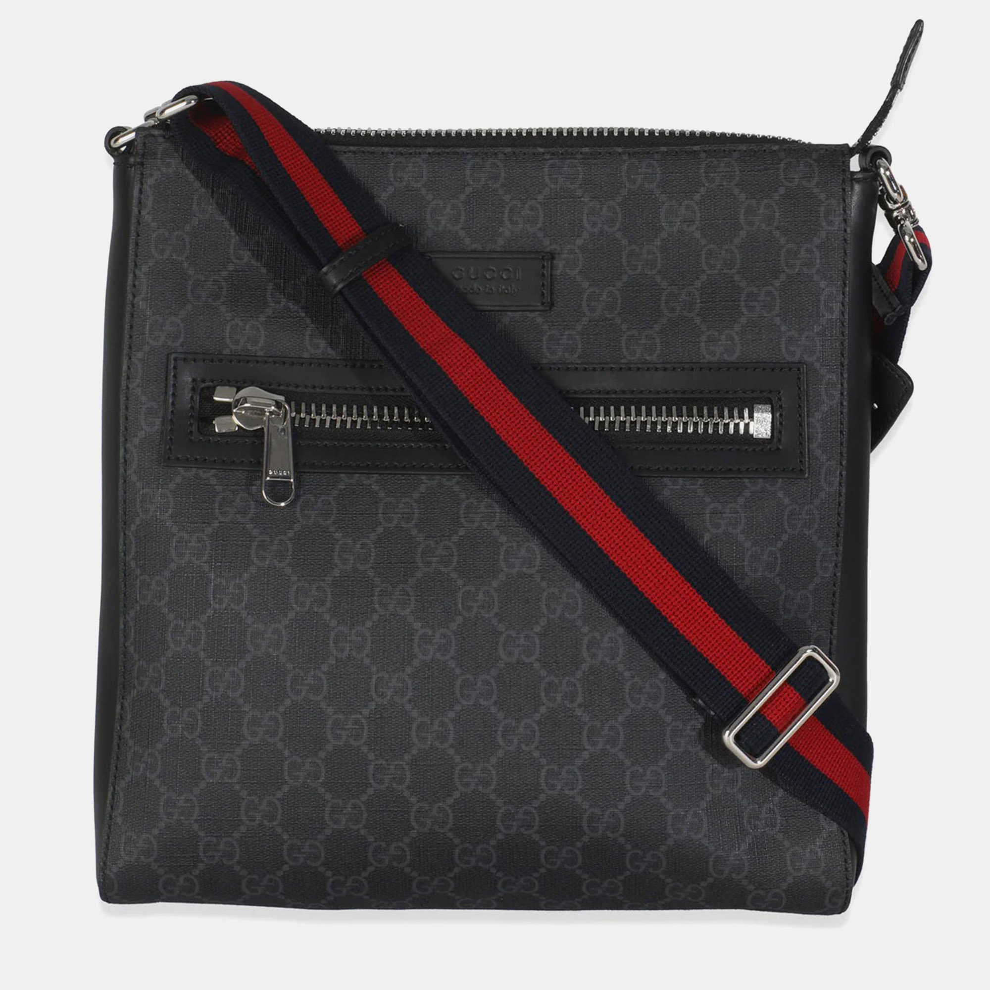 

Gucci Black Grey GG Supreme Appia Calfskin Web Flat Messenger Bag