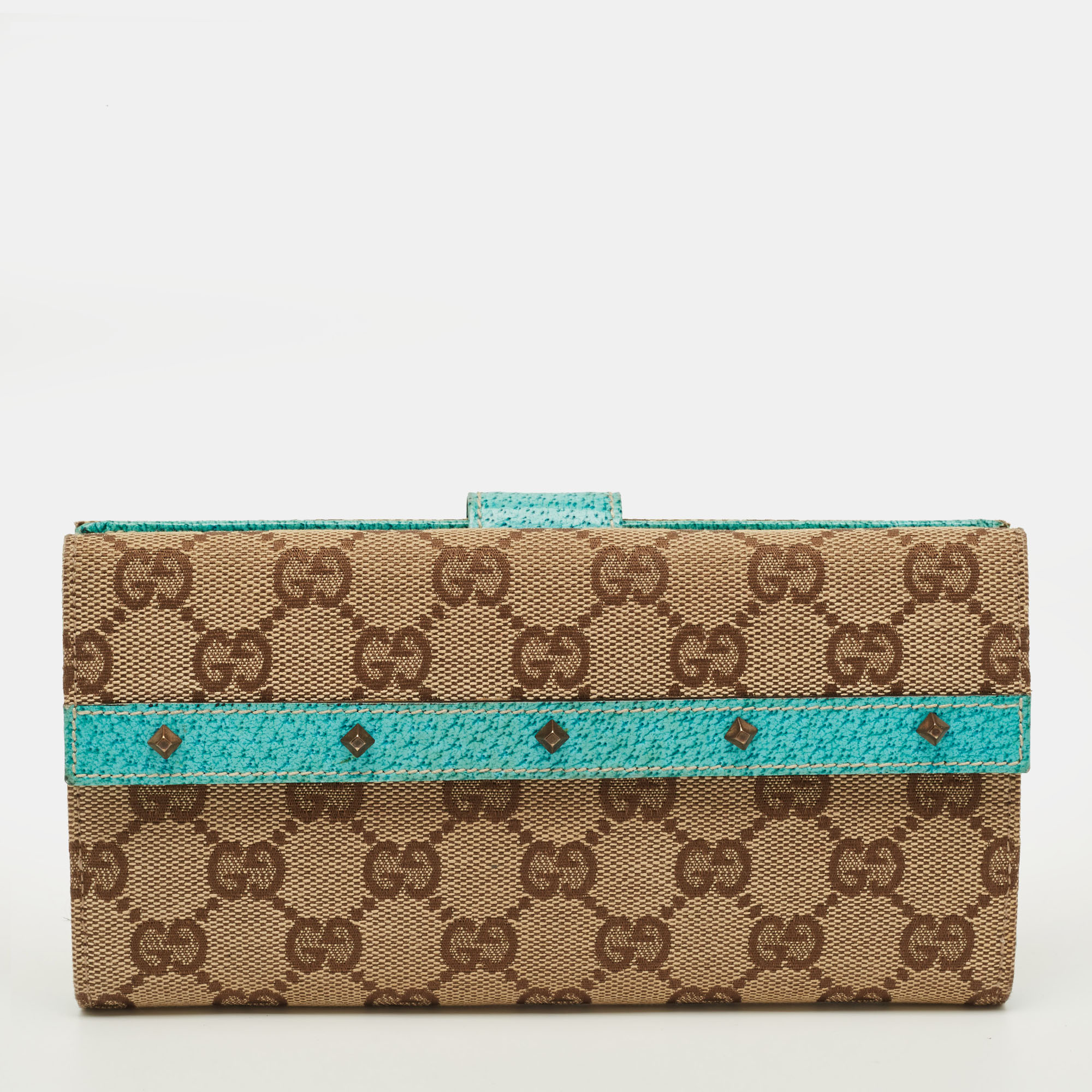 

Gucci Studded Flap Beige/Turquoise GG Canvas and Leather French Continental Wallet