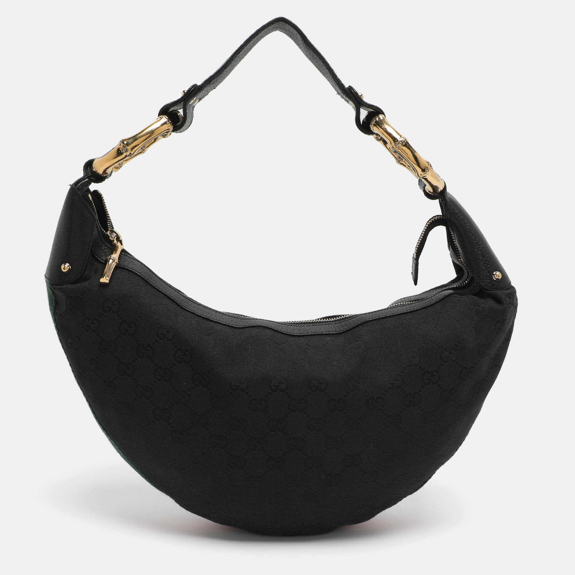

Gucci Bamboo Ring Black GG Canvas and Leather Hobo