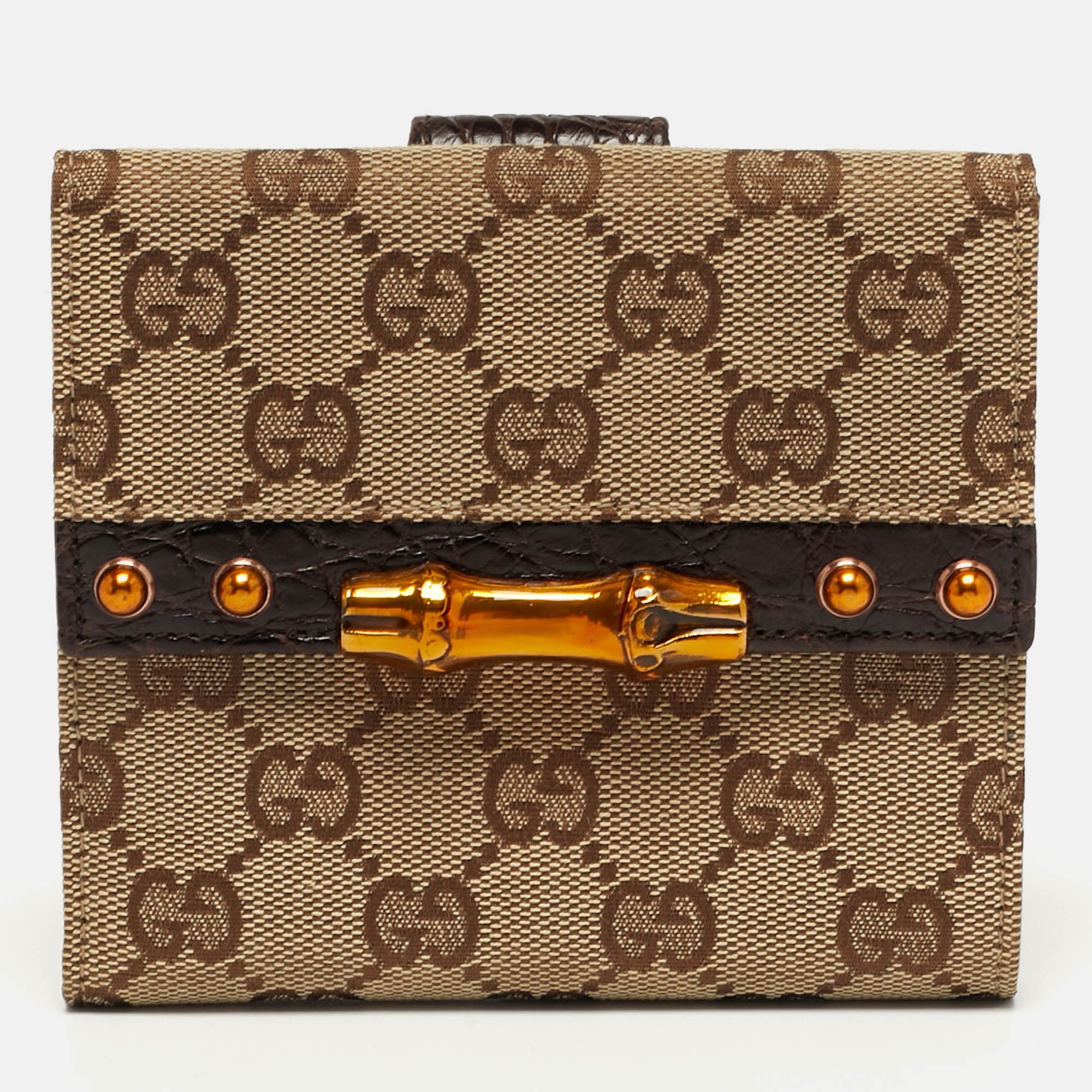 

Gucci Bamboo Bar Beige/Brown GG Canvas and Croc Embossed Leather French Wallet