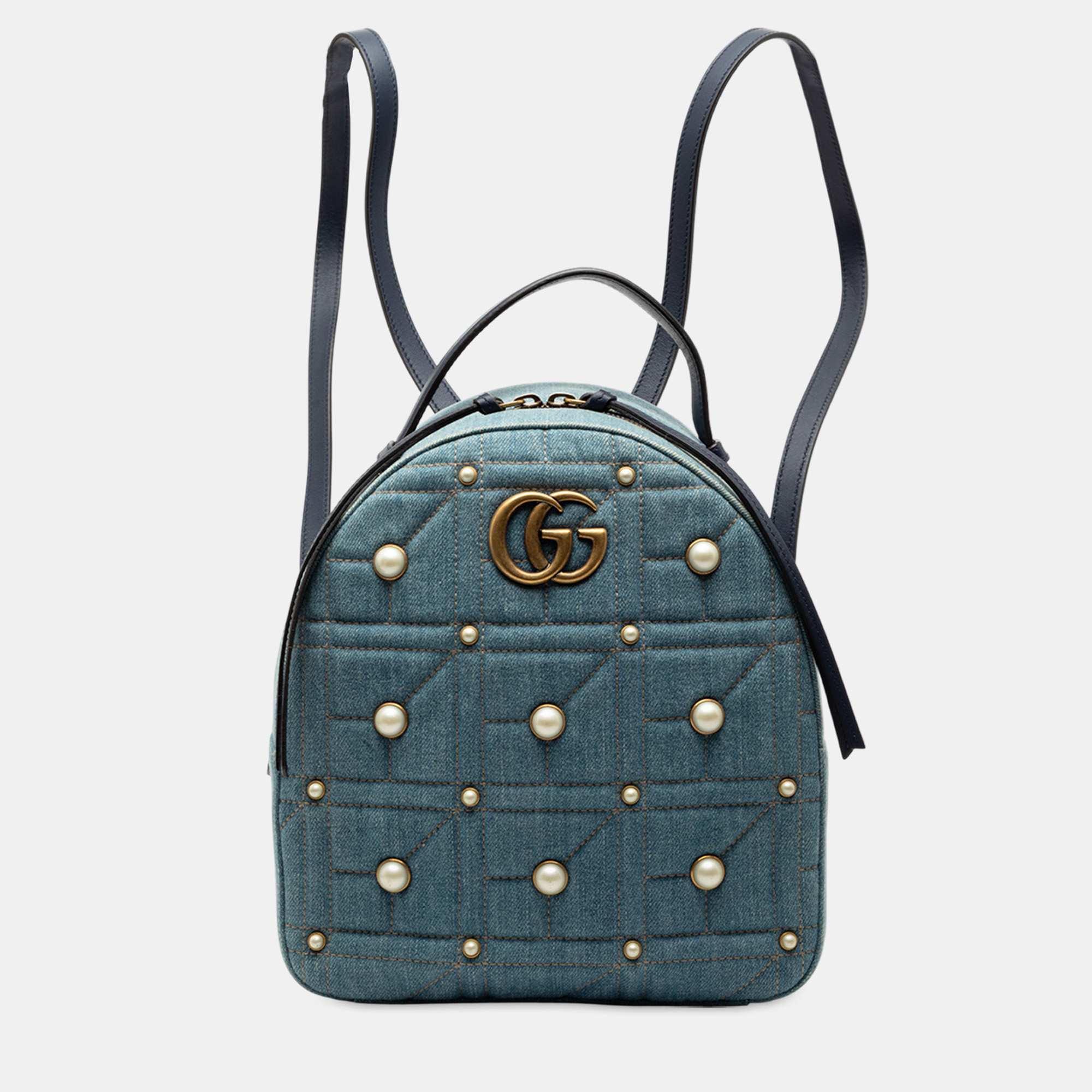 

Gucci Blue Small GG Marmont Pearl Studded Matelasse Denim Backpack