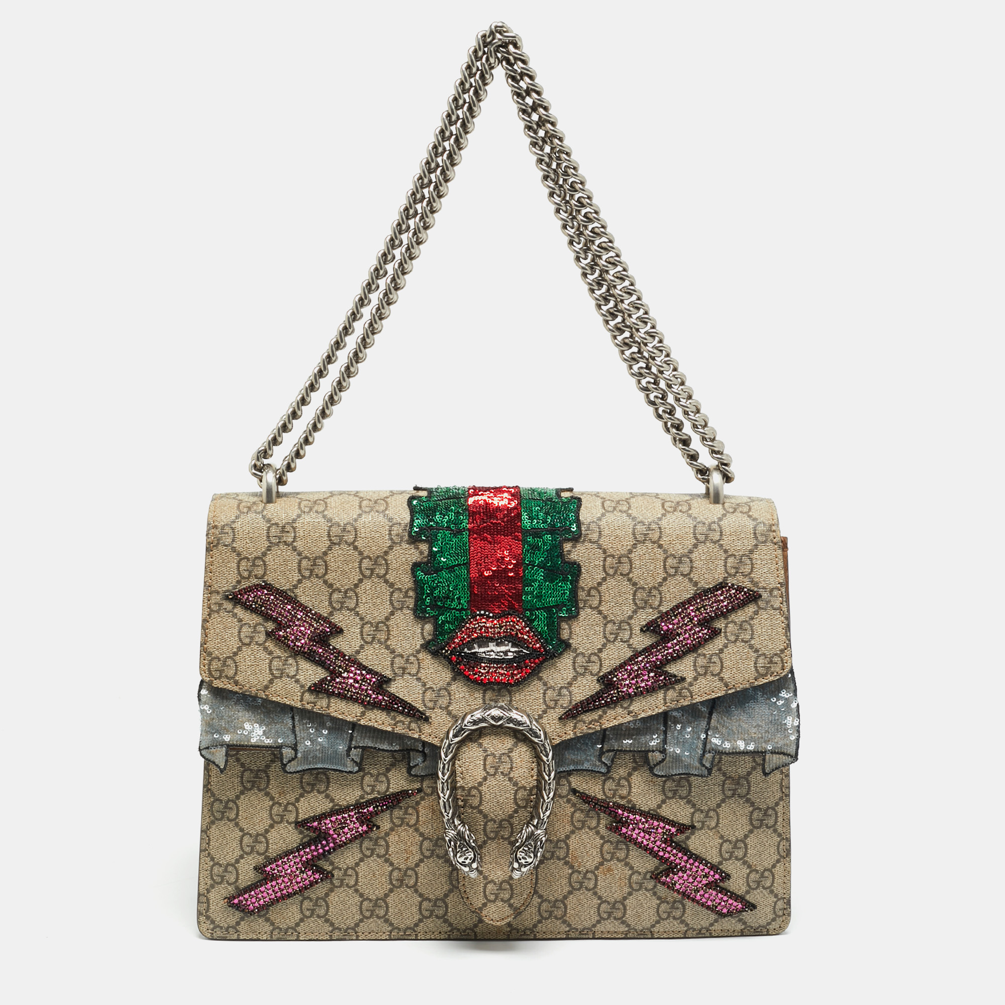 

Gucci Embellished Patch Dionysus Medium Beige GG Supreme Canvas and Suede Shoulder Bag