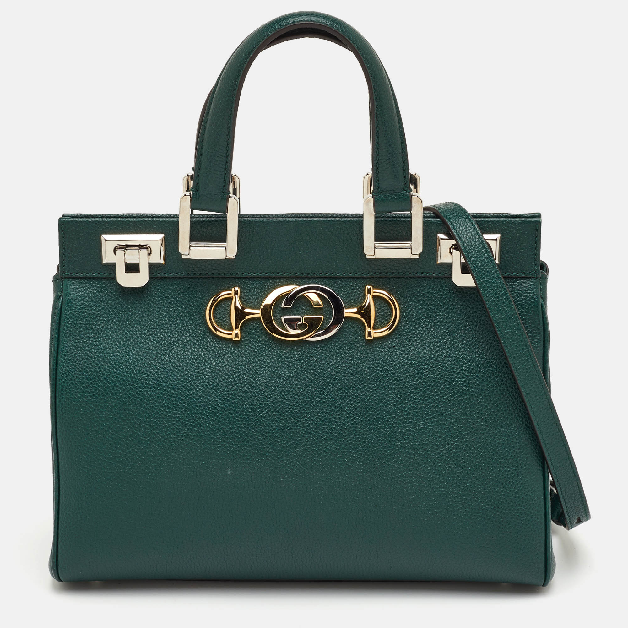 

Gucci Zumi Small Dark Green Grain Leather Interlocking G Horsebit Tote