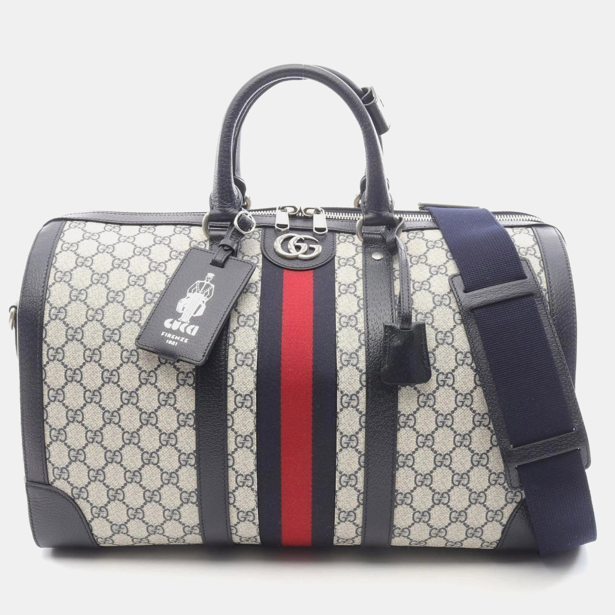 

Gucci Medium Duffle Bag Gg Supreme Boston Coated Canvas And Leather Ivory Navy, Beige