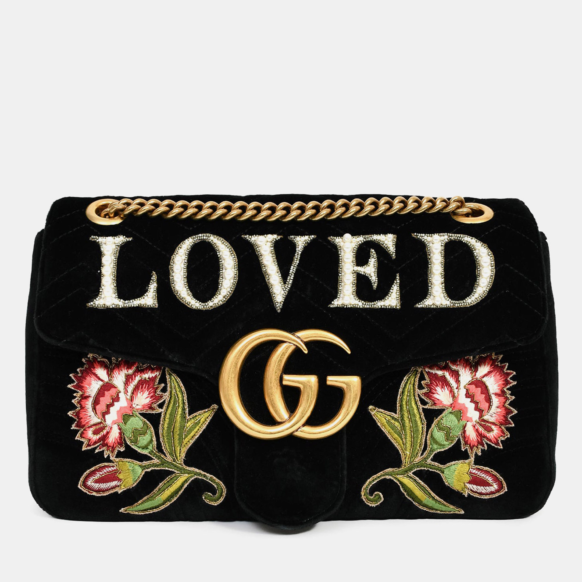

Gucci Black Velvet Pearl Loved Medium Marmont Bag