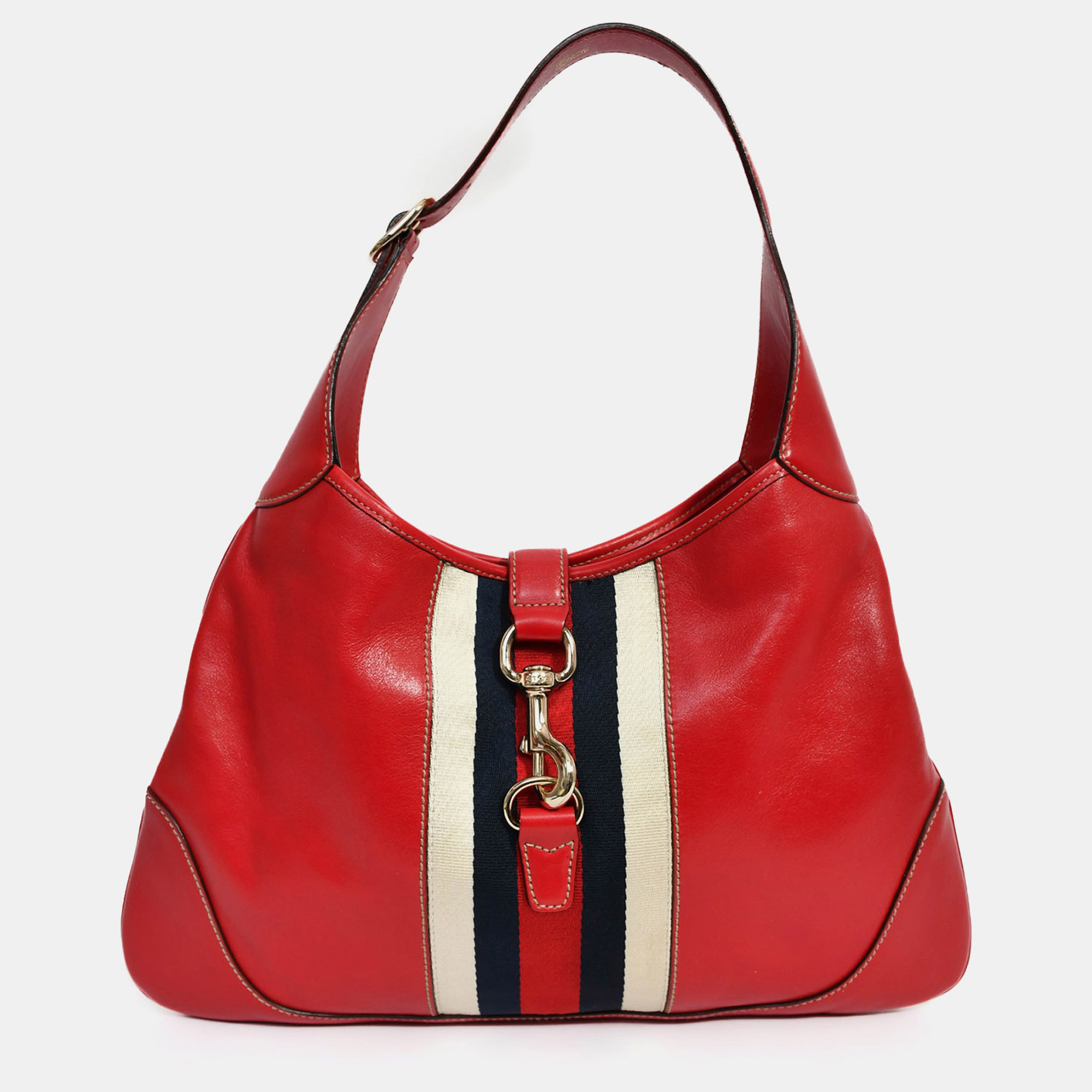 

Gucci Red Leather Canvas Stripe Medium Jackie Bag