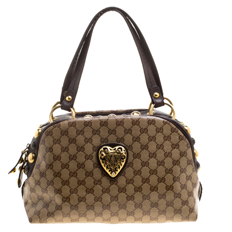 Pre Owned Gucci Beige/Brown GG Crystal Canvas Medium Babouska Crest Dome Bag