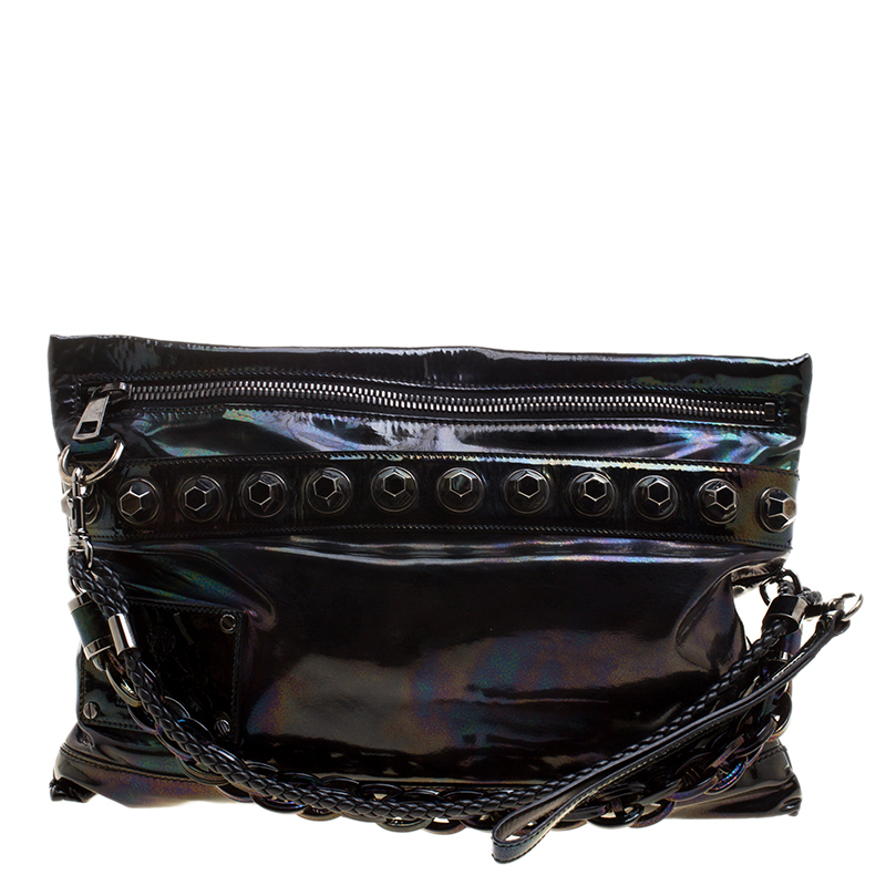 Pre Owned حقيبة كلتش غوتشي هولوغرافيك جلد أسود لامع مرصع