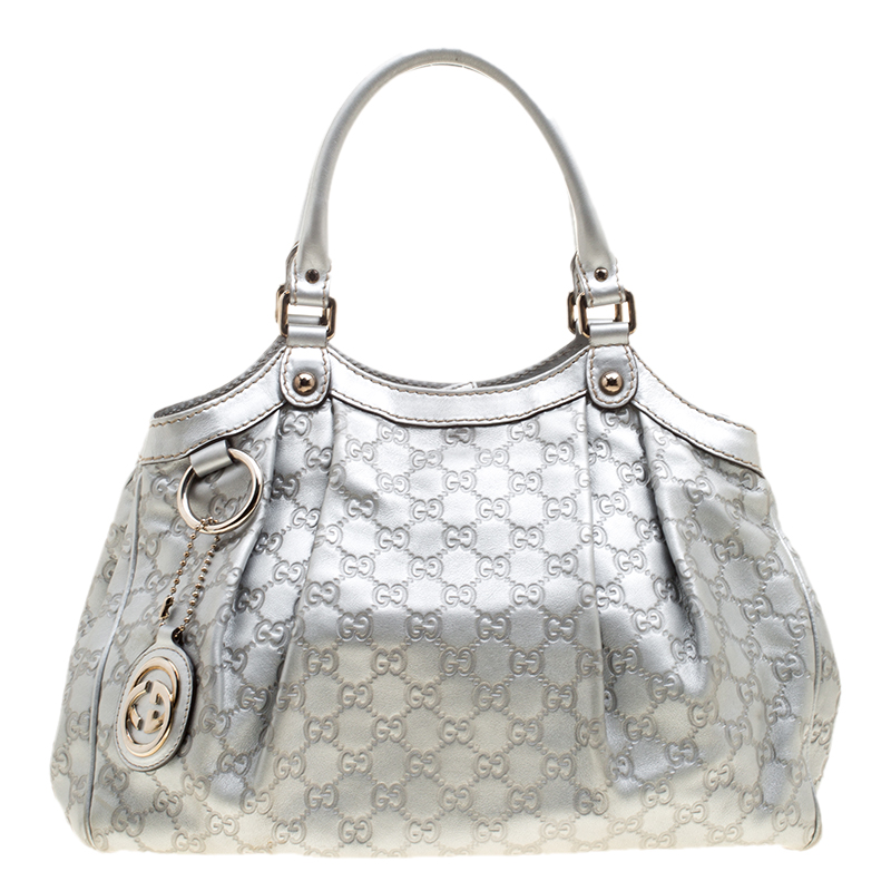 Pre Owned Gucci Silver Guccissima Leather Medium Sukey Tote
